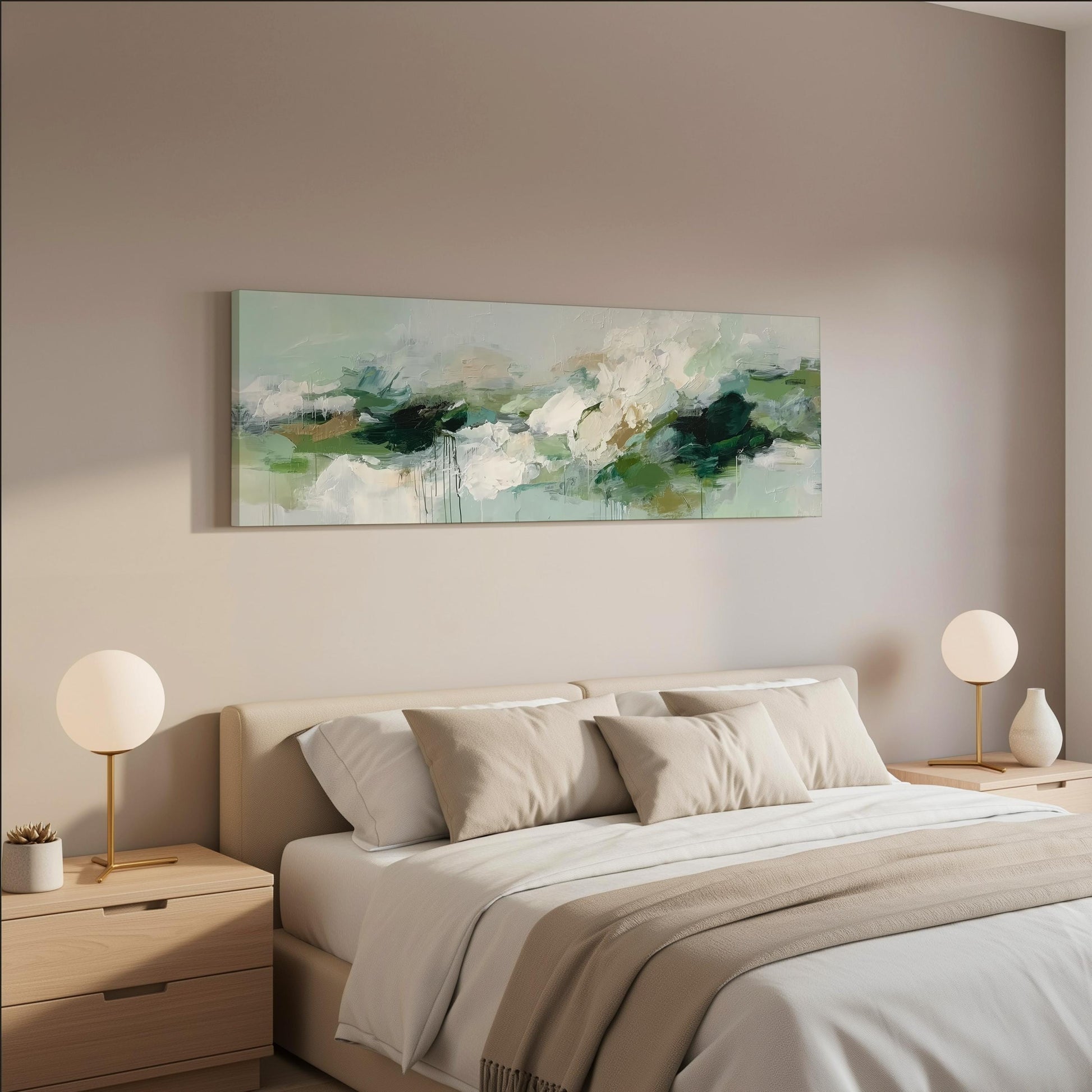 a serene and modern bedroom with a large bed adorned with white and beige bedding, flanked by two white lamps on nightstands. Above the bed hangs a large abstract painting in shades of green and white, creating a calming and tranquil atmosphere in the room.