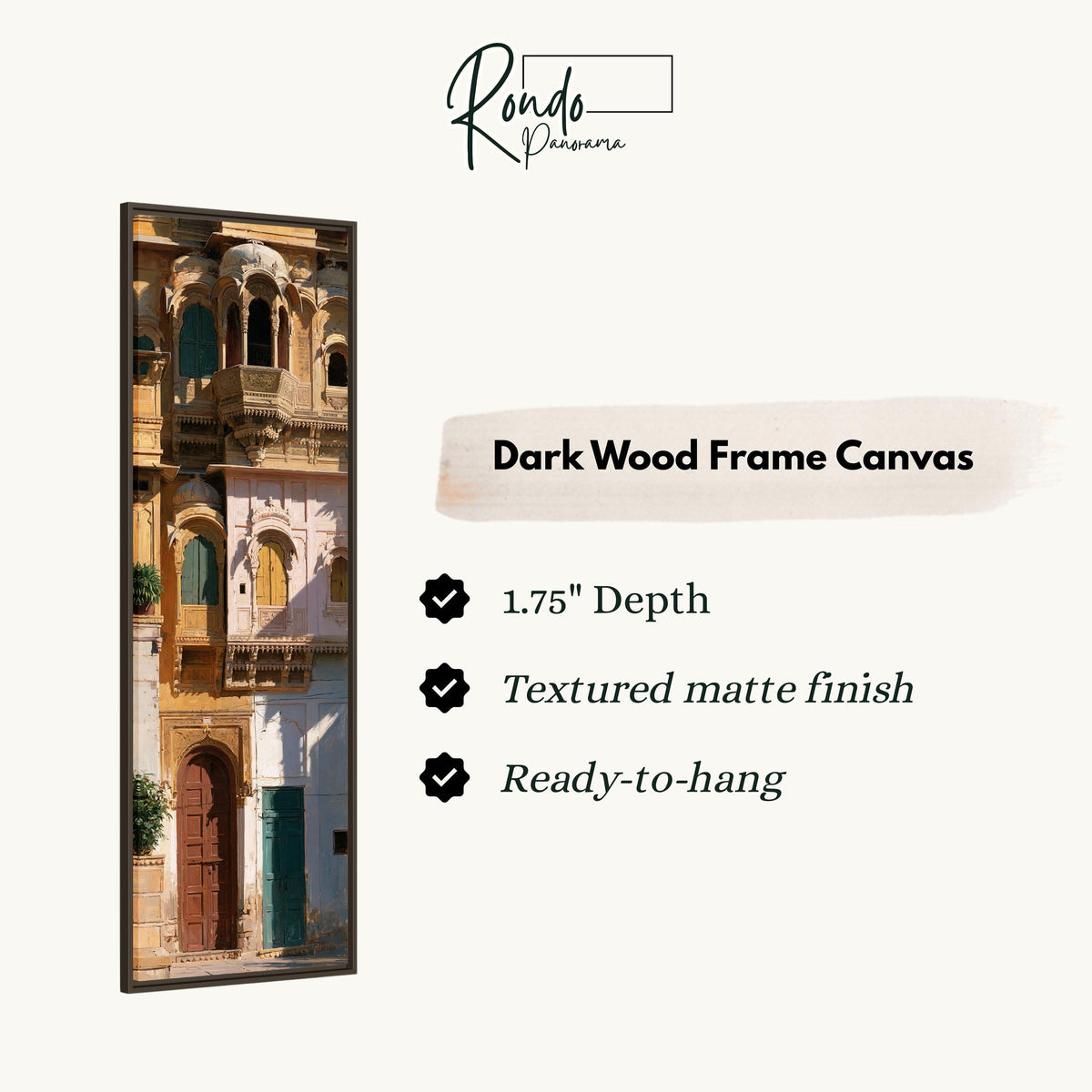 Ornate sandstone palace facade with colorful doors canvas print in a dark wood floating frame