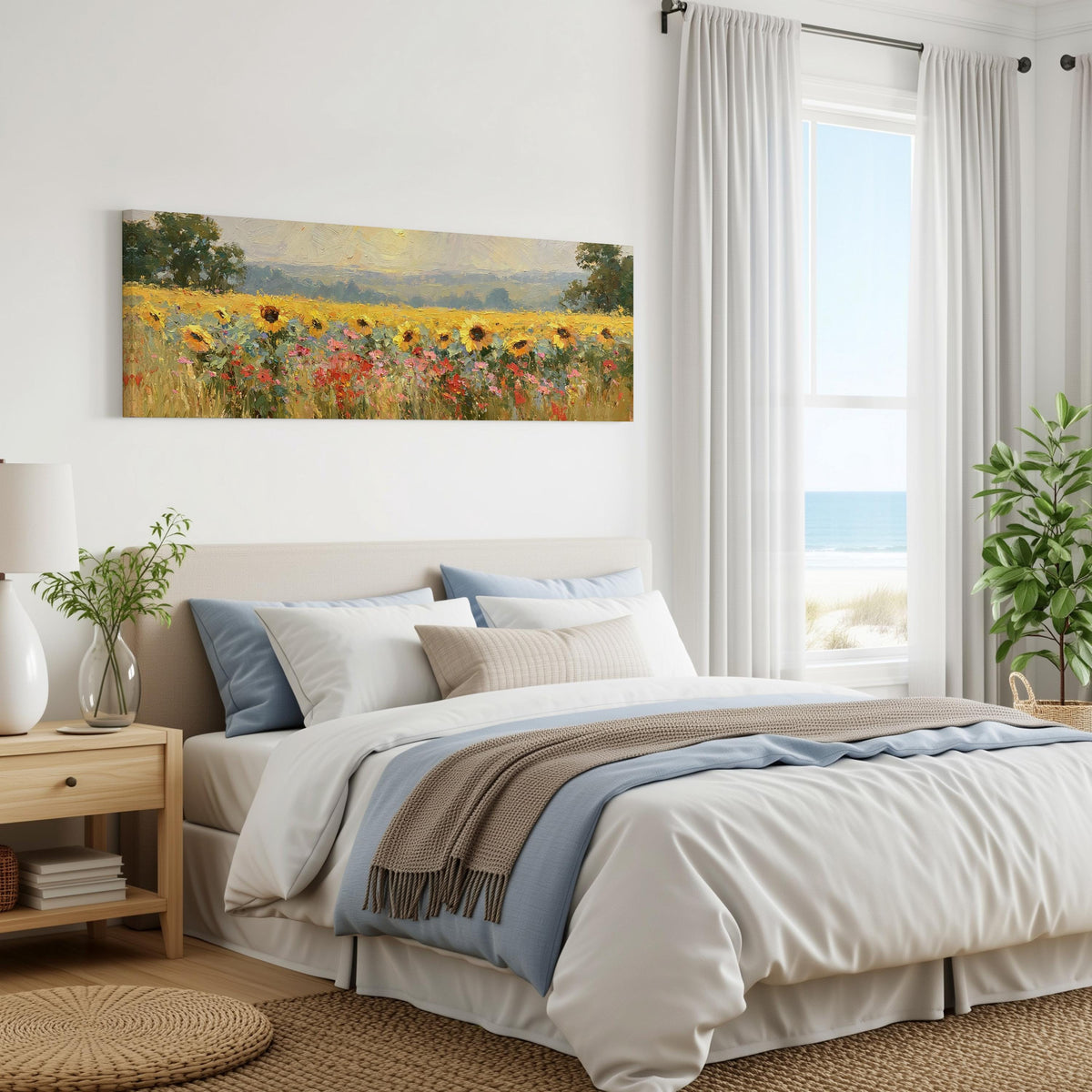 Sunflower and poppy meadow panoramic canvas print above a bed in a coastal bedroom