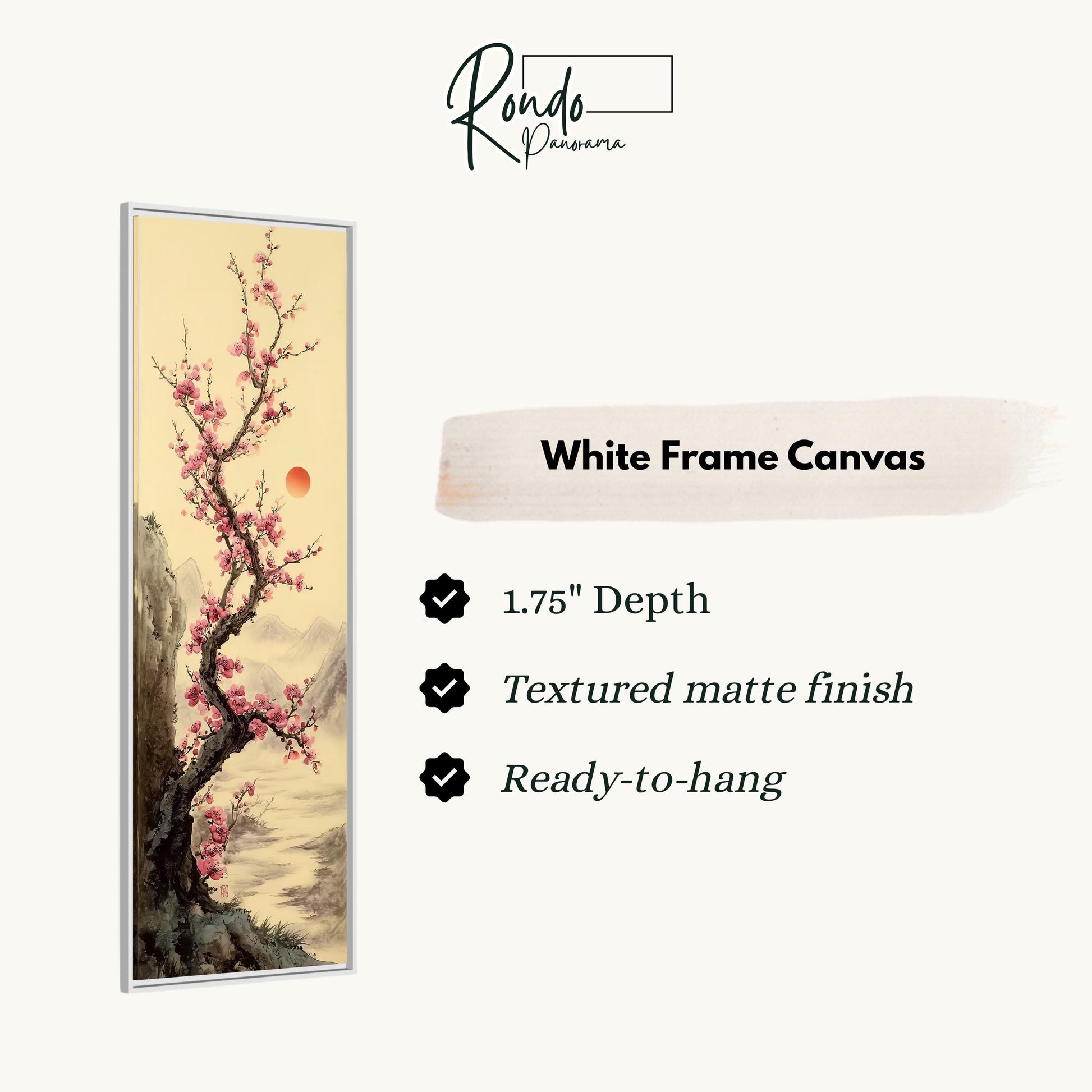 The image is a white frame canvas featuring a painting of a cherry blossom tree with pink flowers.