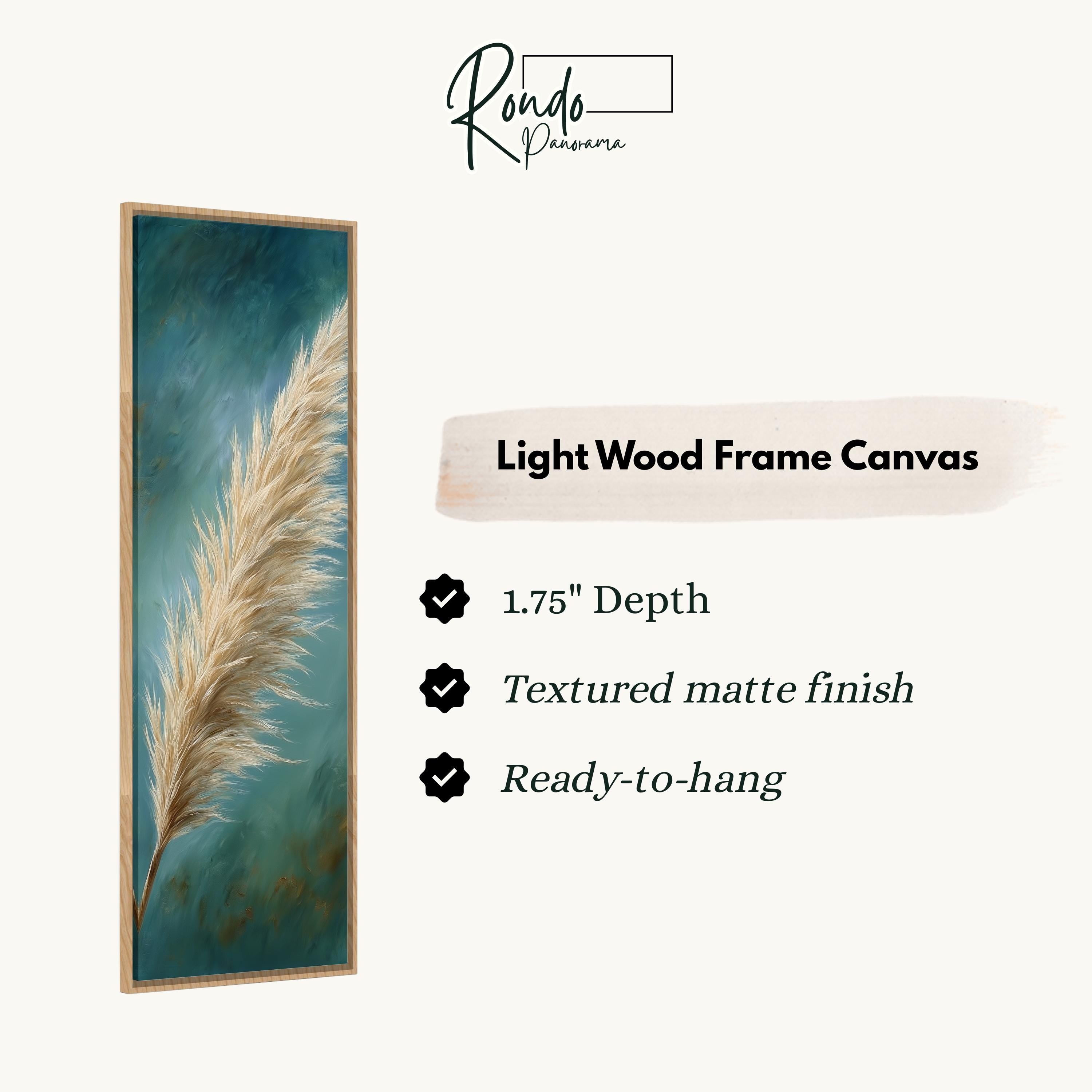 The image is a rectangular frame with a painting of a feather on it, and it is described as a "Light Wood Frame Canvas".
