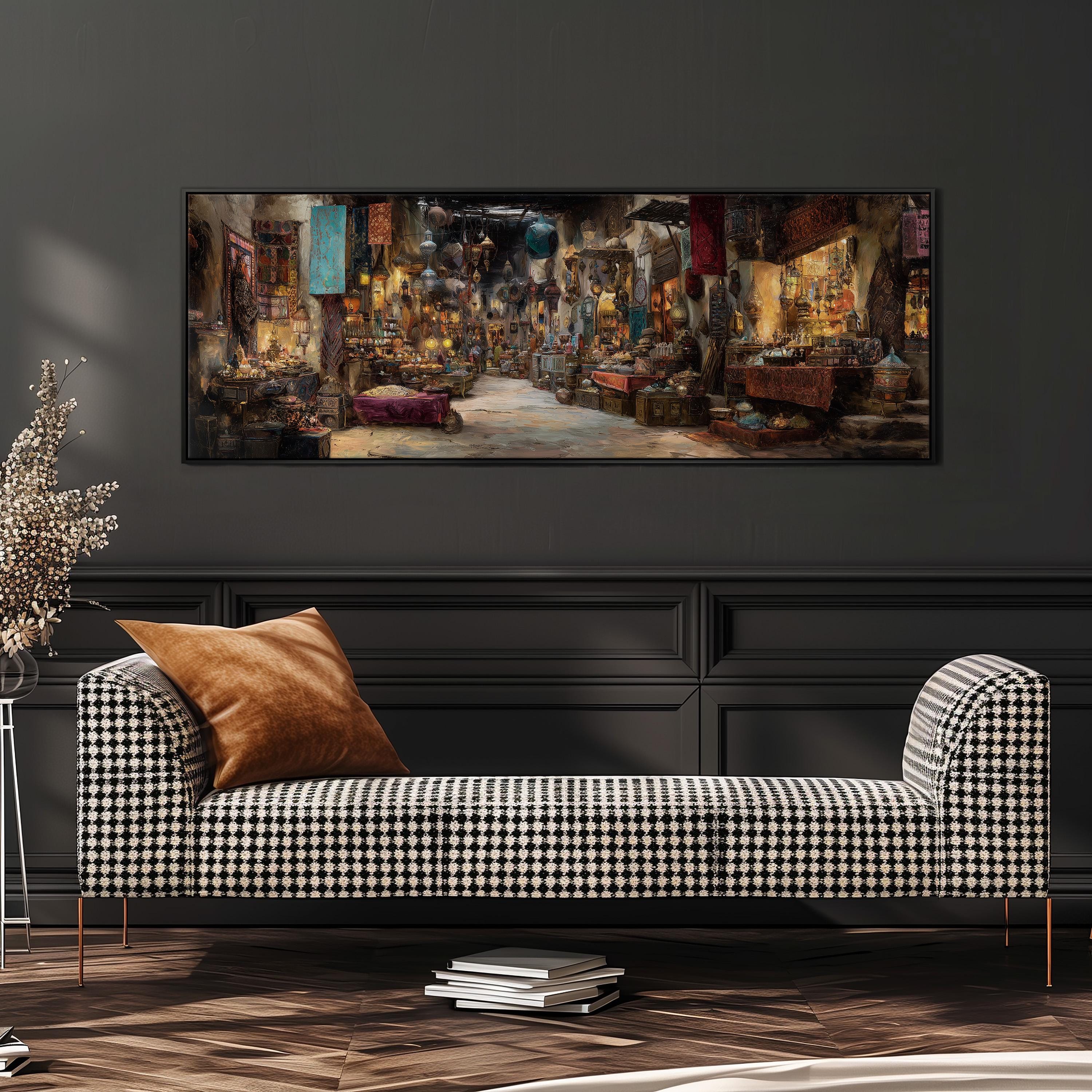 a large, colorful painting of a bustling market scene hanging on a wall above a black and white checkered sofa.