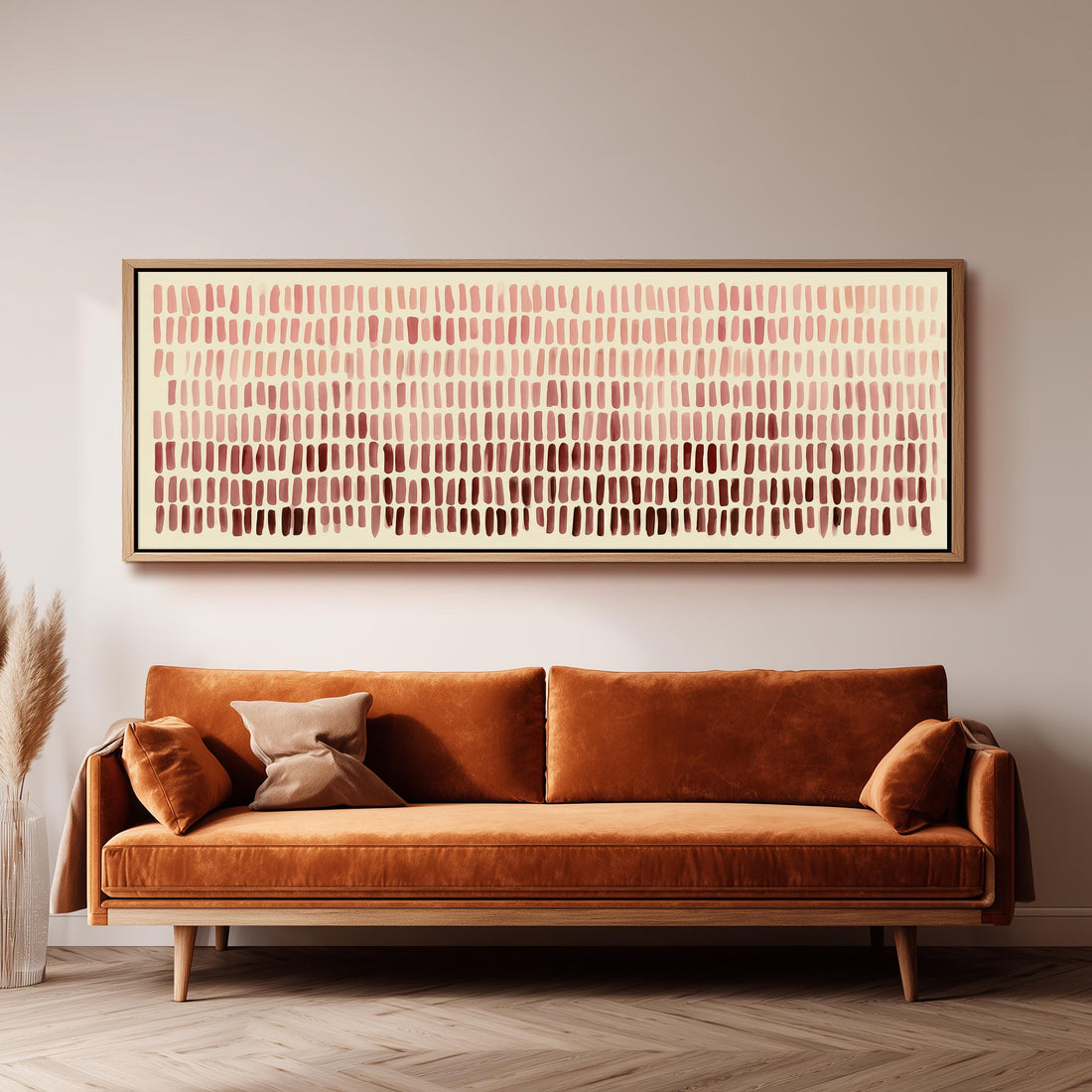 Soft rose ombre brushmarks long horizontal canvas print above a sofa in a living room