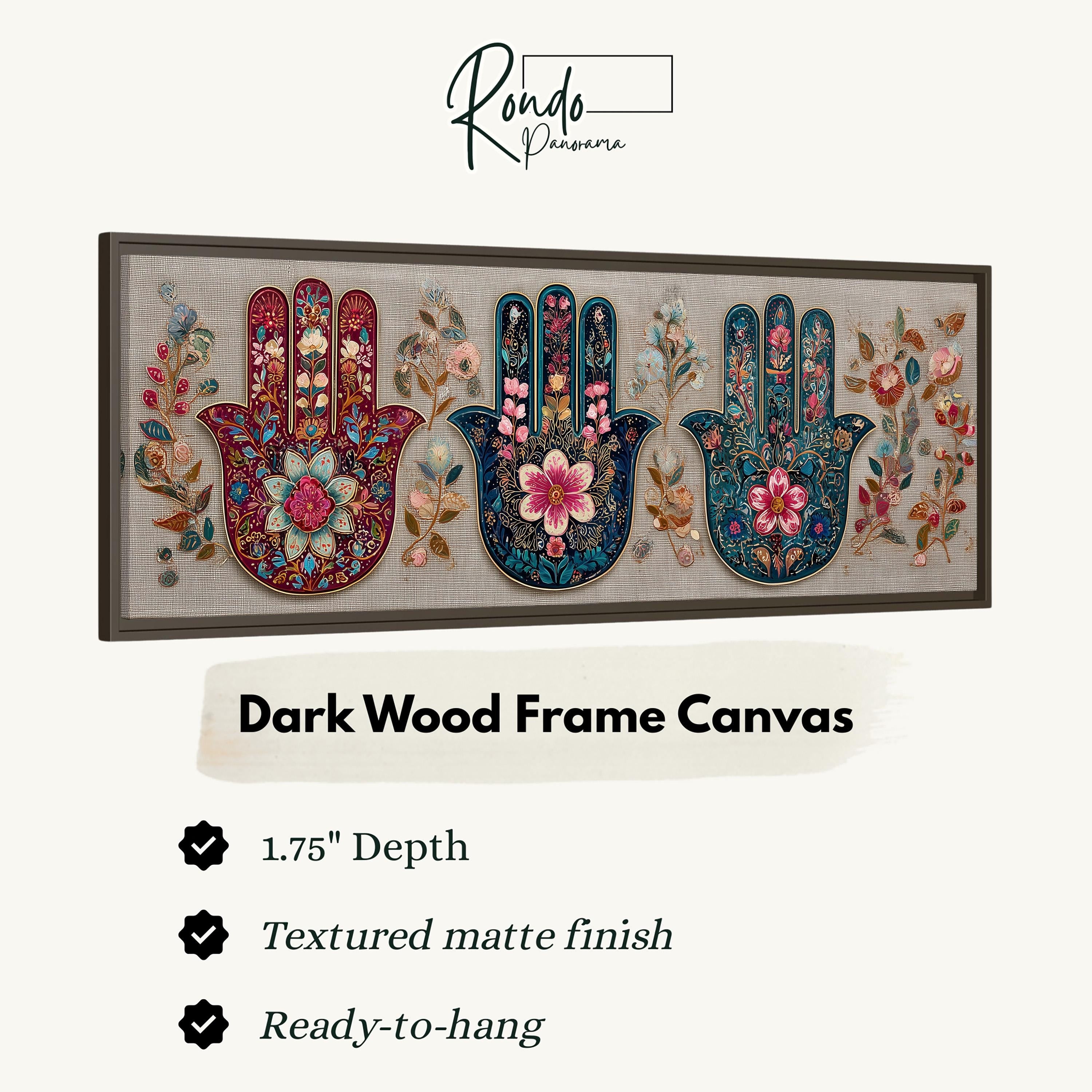 The image is a framed canvas featuring three colorful hand-painted floral designs.