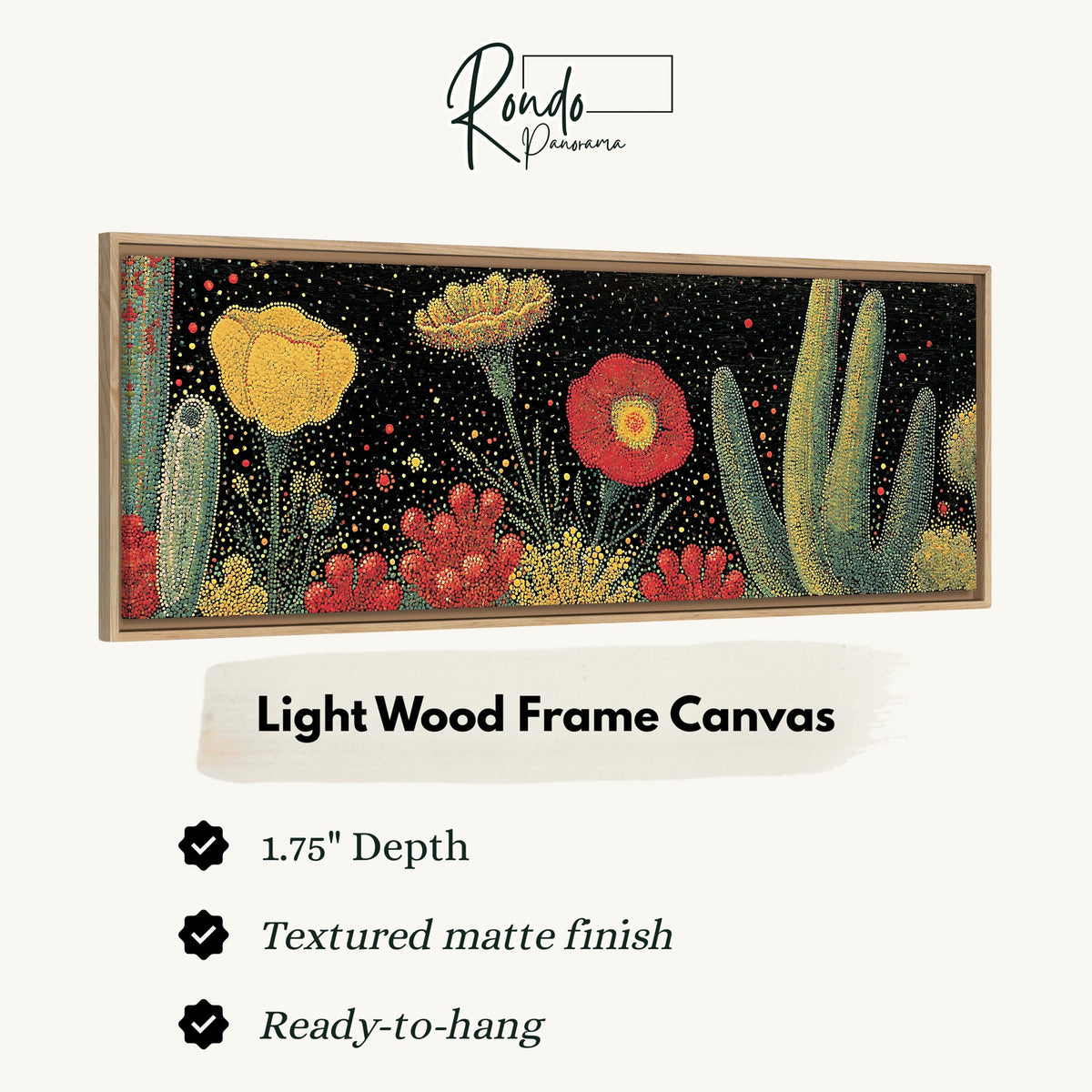 Desert blooms and cacti on black canvas print in a light wood floating frame