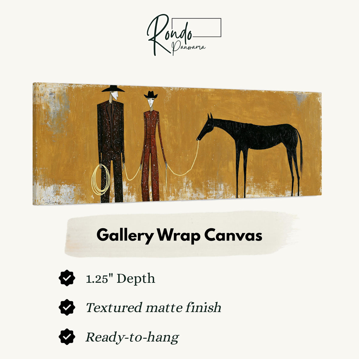 Two cowboys with a dark horse on gold gallery wrap canvas with the image wrapped around the edges