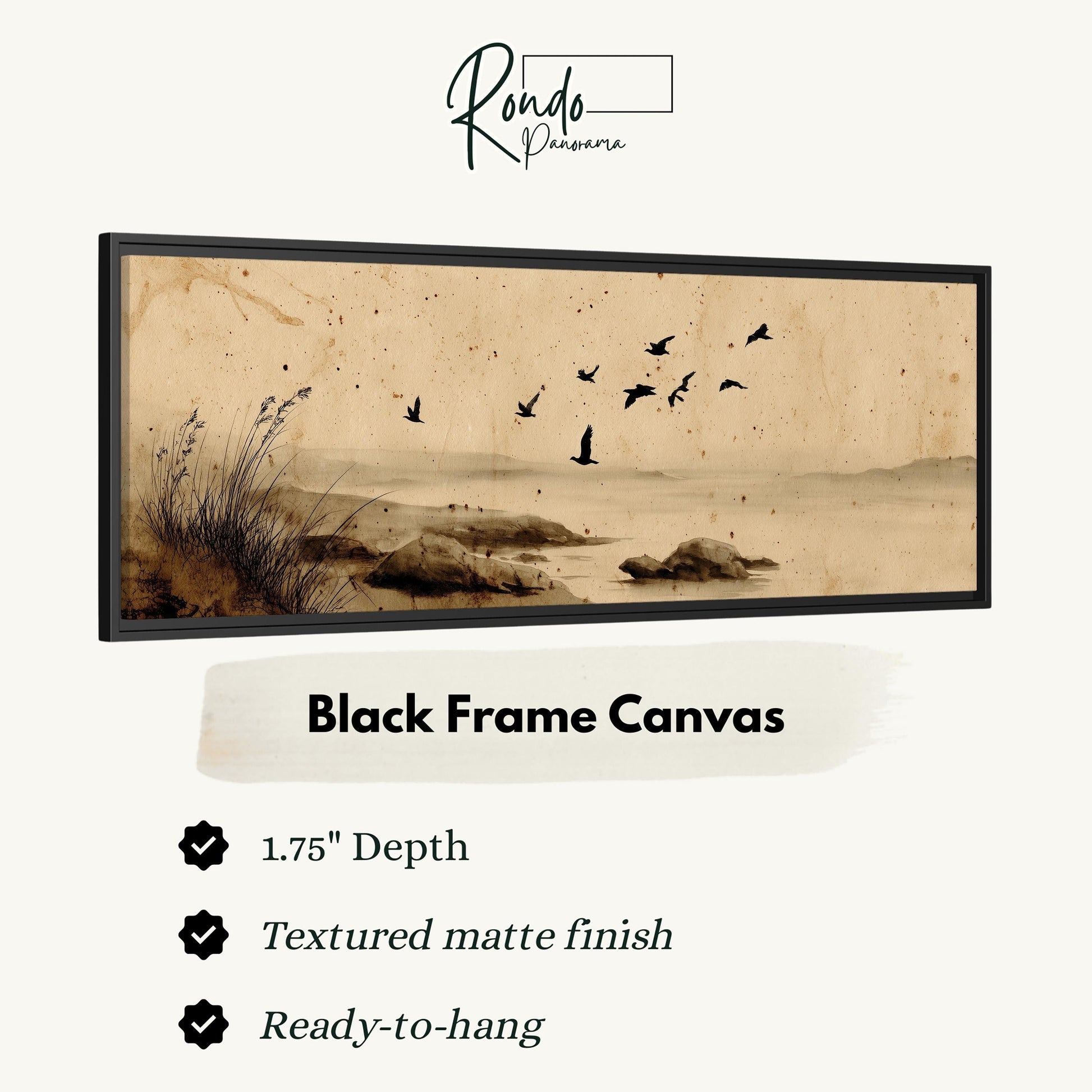 The image is a black frame canvas depicting a serene landscape with a flock of birds flying over a body of water.
