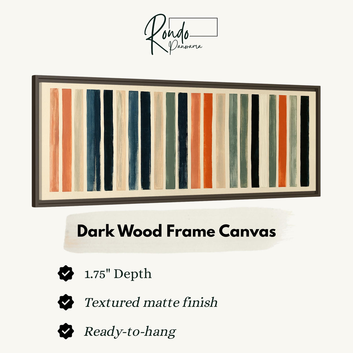Bold peach, sage and navy stripes canvas print in a dark wood floating frame