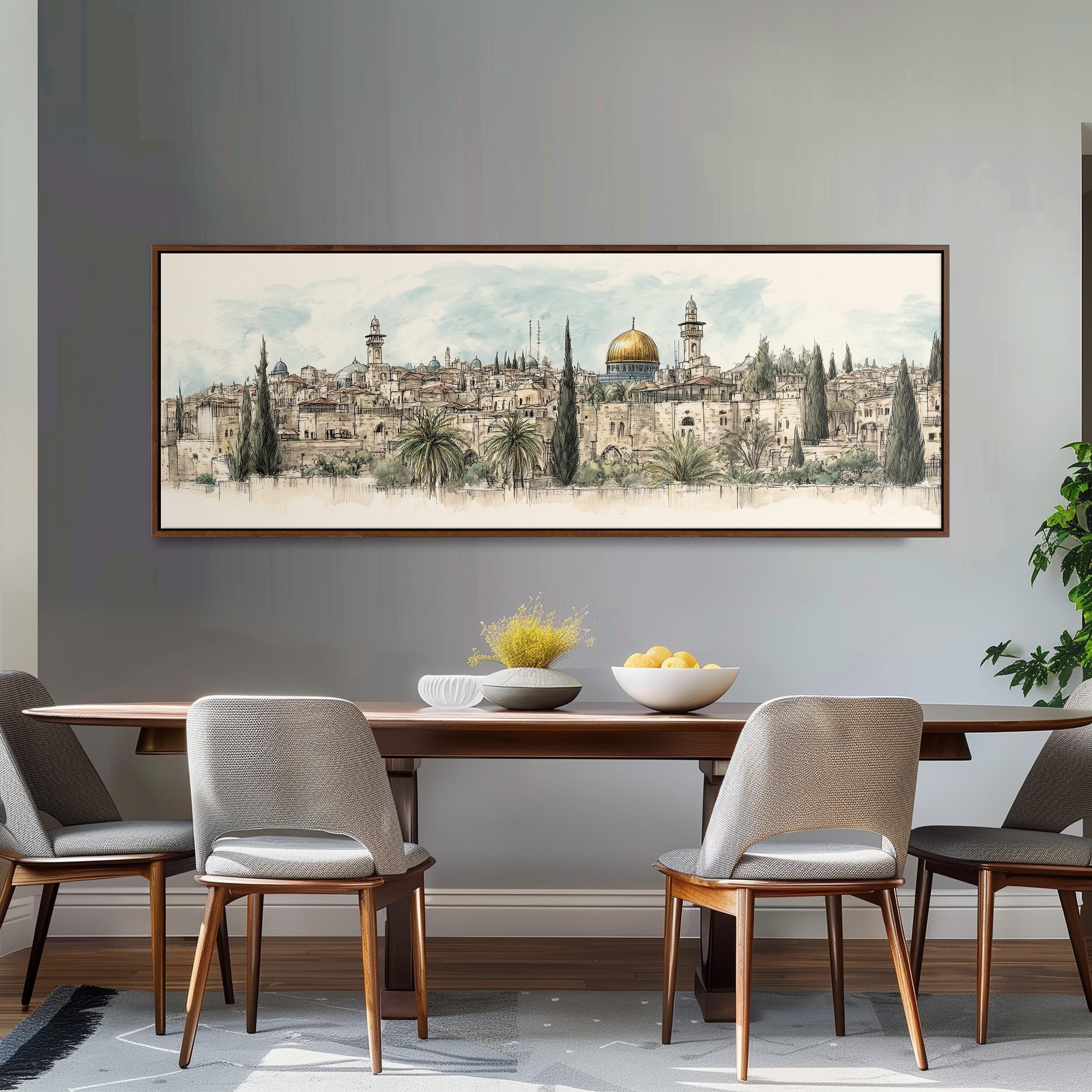 a large painting of a cityscape hanging on a wall above a wooden dining table with four chairs.