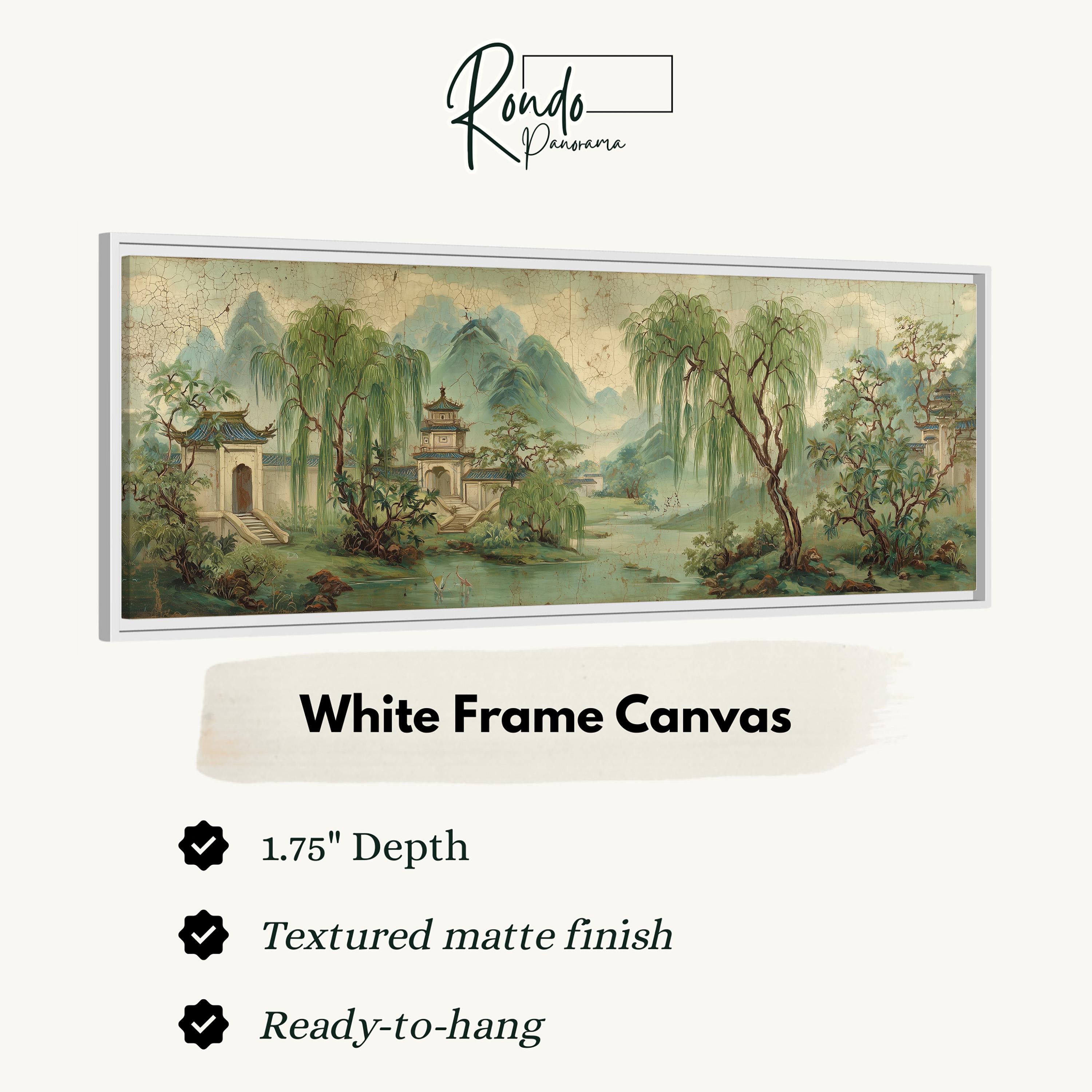 The image is a framed artwork depicting a serene landscape with a temple, trees, and a pond. The artwork is described as a "White Frame Canvas" with a "1.75" depth, a "Textured matte finish", and "Ready-to-hang".
