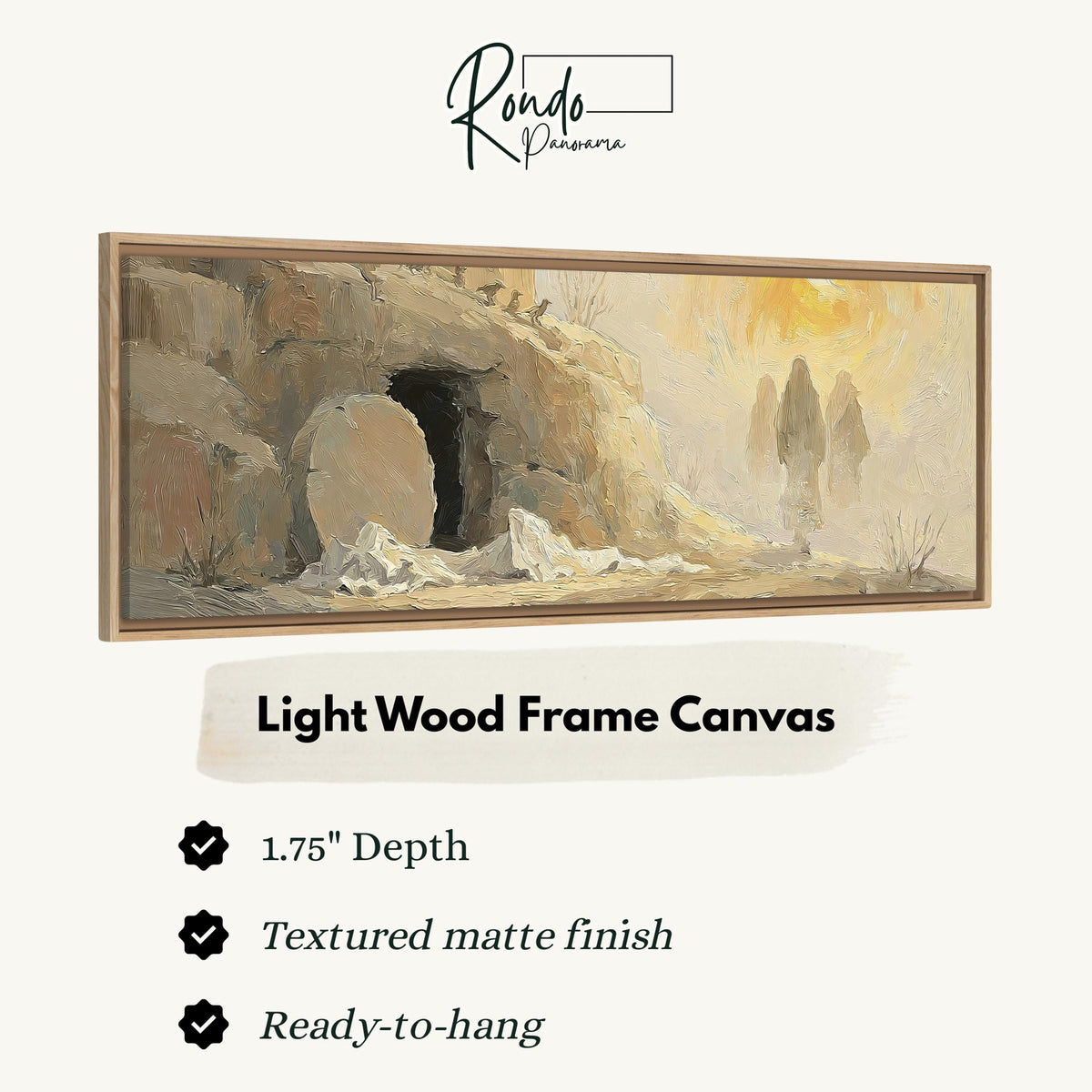 The empty tomb at sunrise canvas print in a light wood floating frame