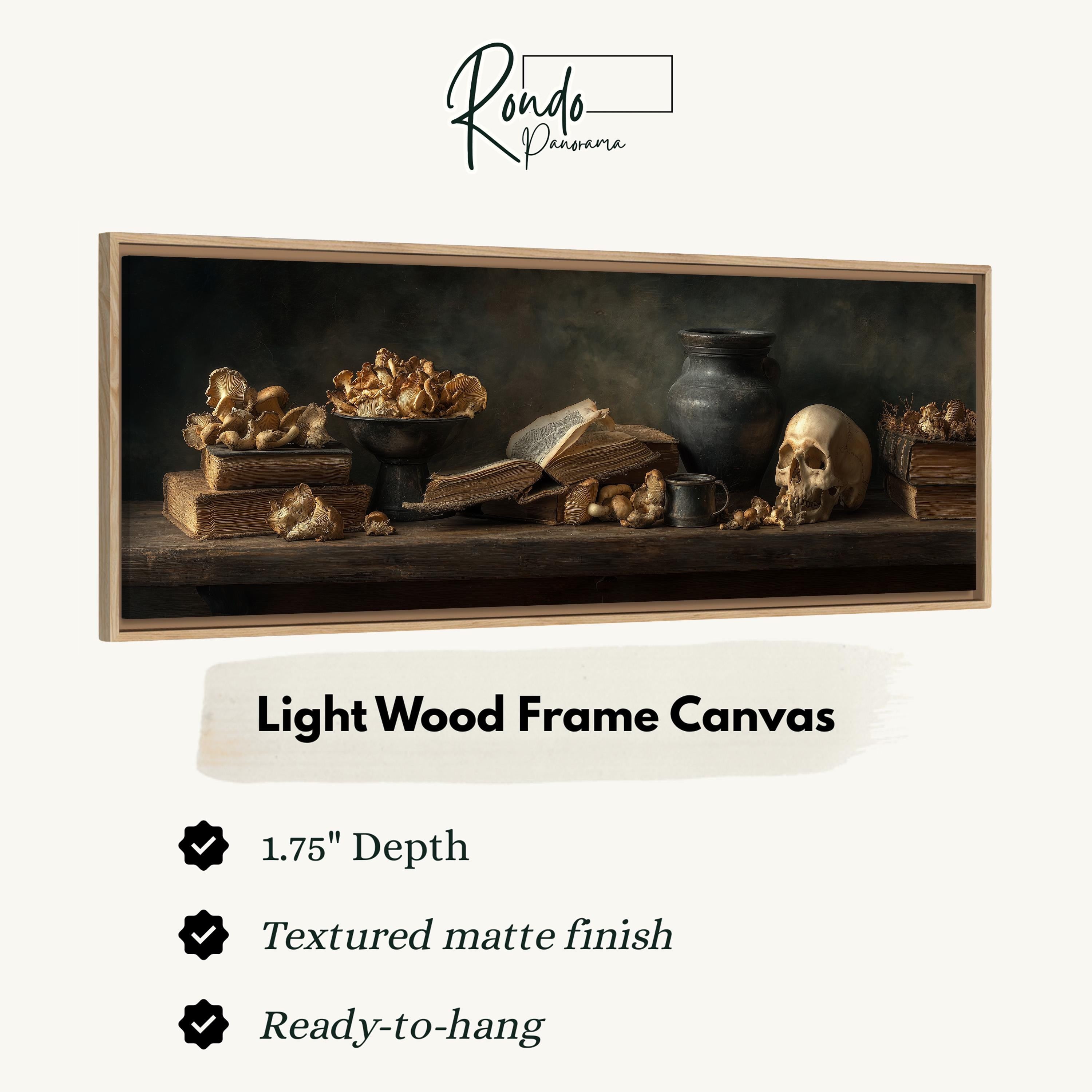 The image is a framed artwork depicting a still life arrangement of a skull, books, and mushrooms on a wooden shelf.