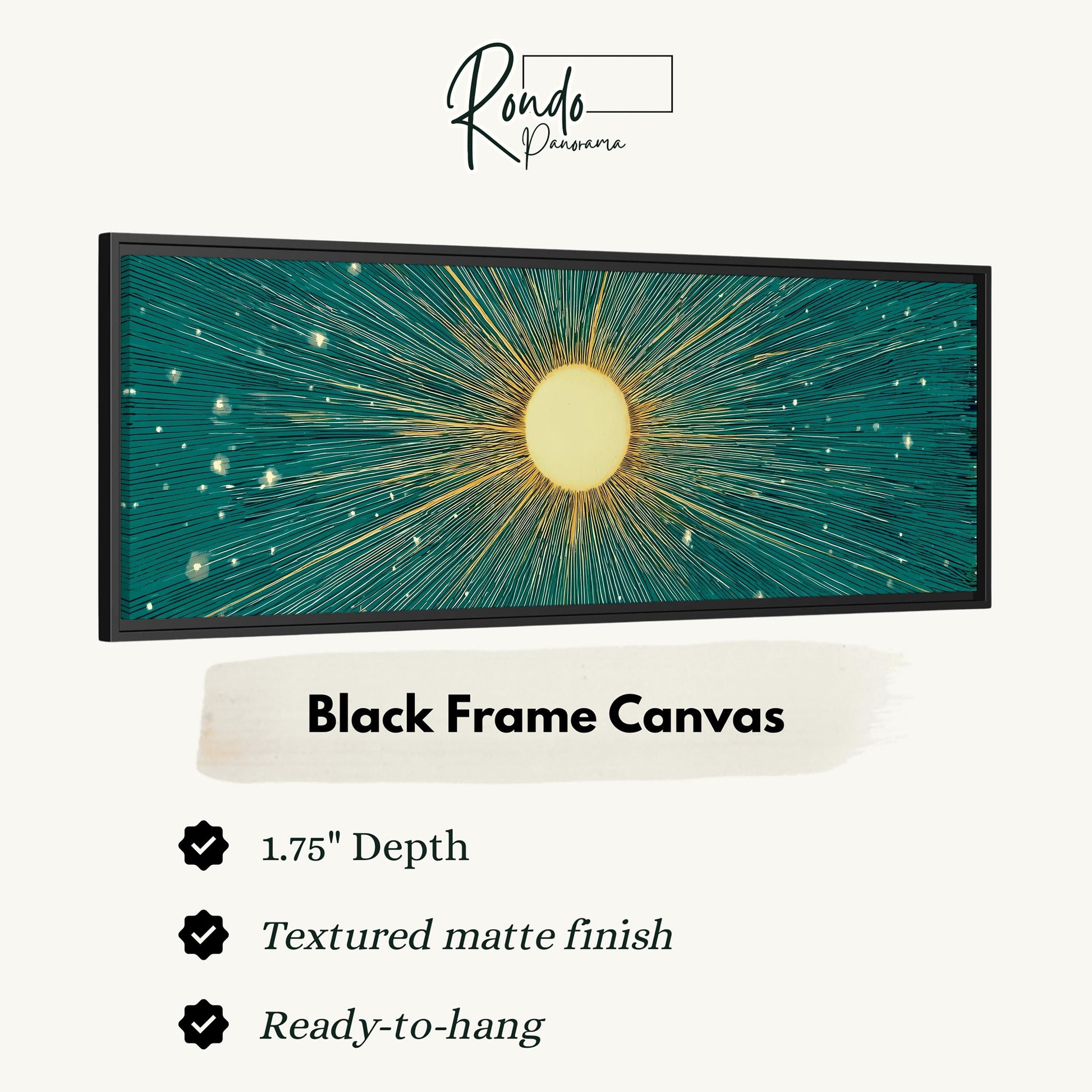 The image is a black frame canvas with a vibrant, abstract design featuring a sunburst pattern in shades of green and yellow.