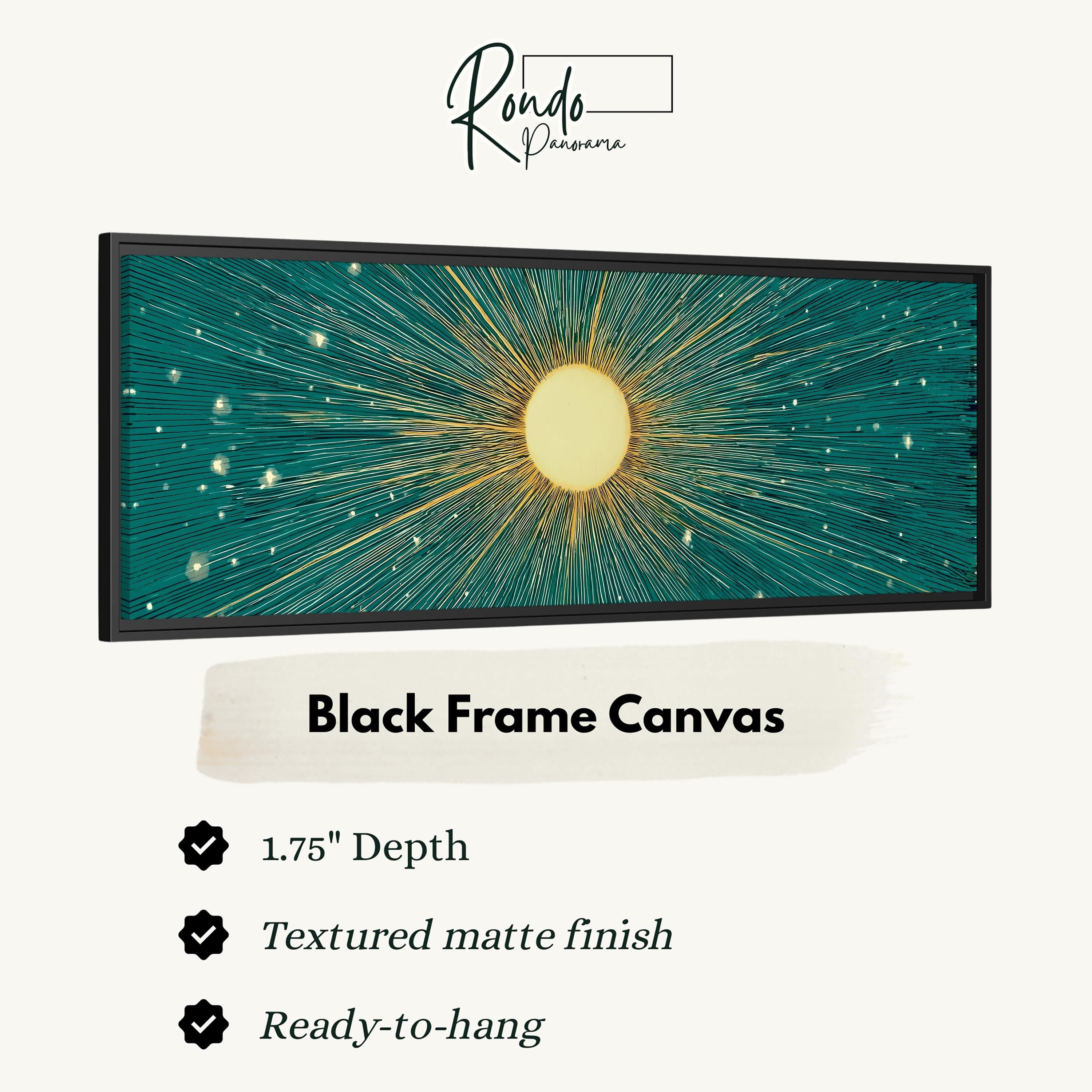 The image is a black frame canvas with a vibrant, abstract design featuring a sunburst pattern in shades of green and yellow.