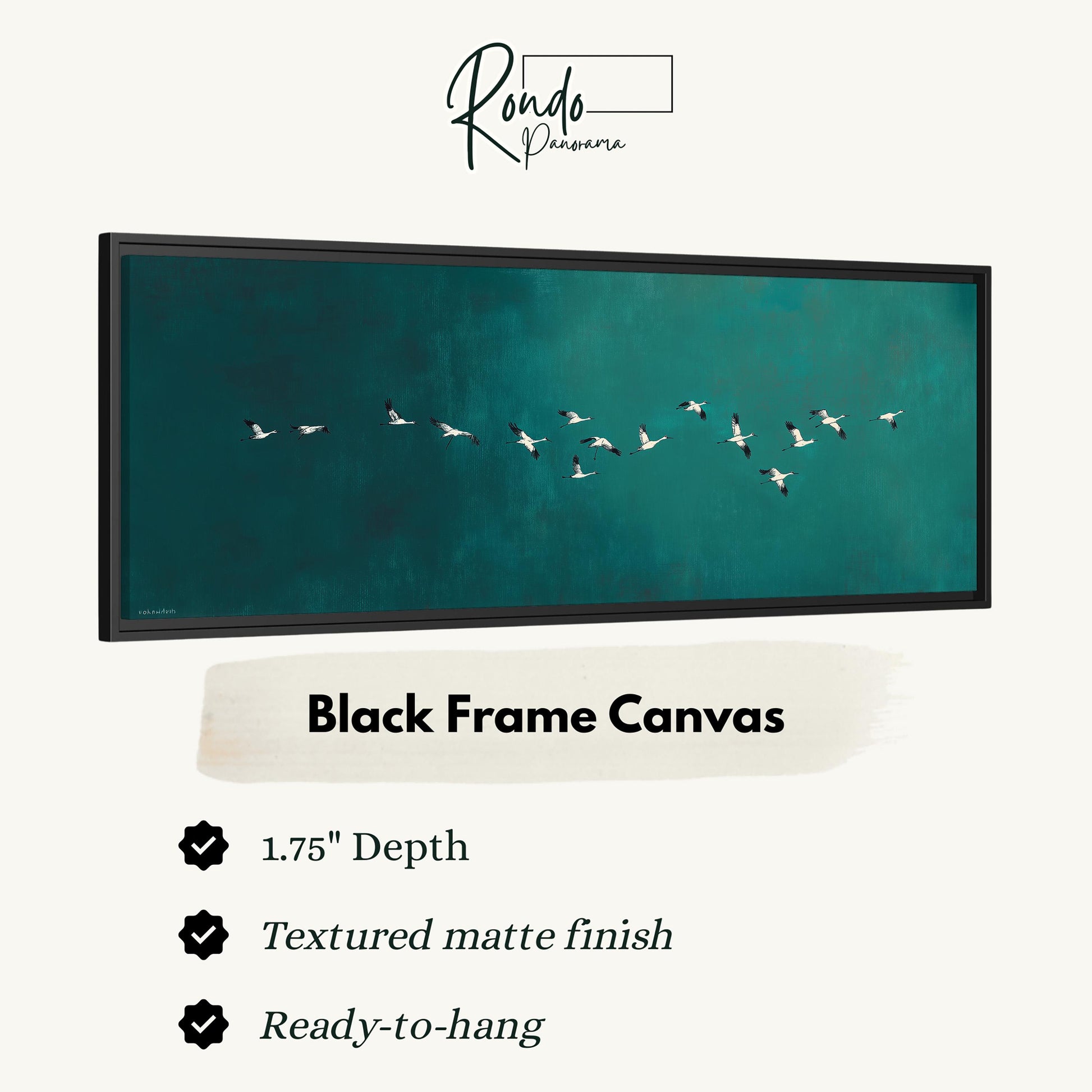 A black frame canvas depicting a flock of birds flying over a body of water.