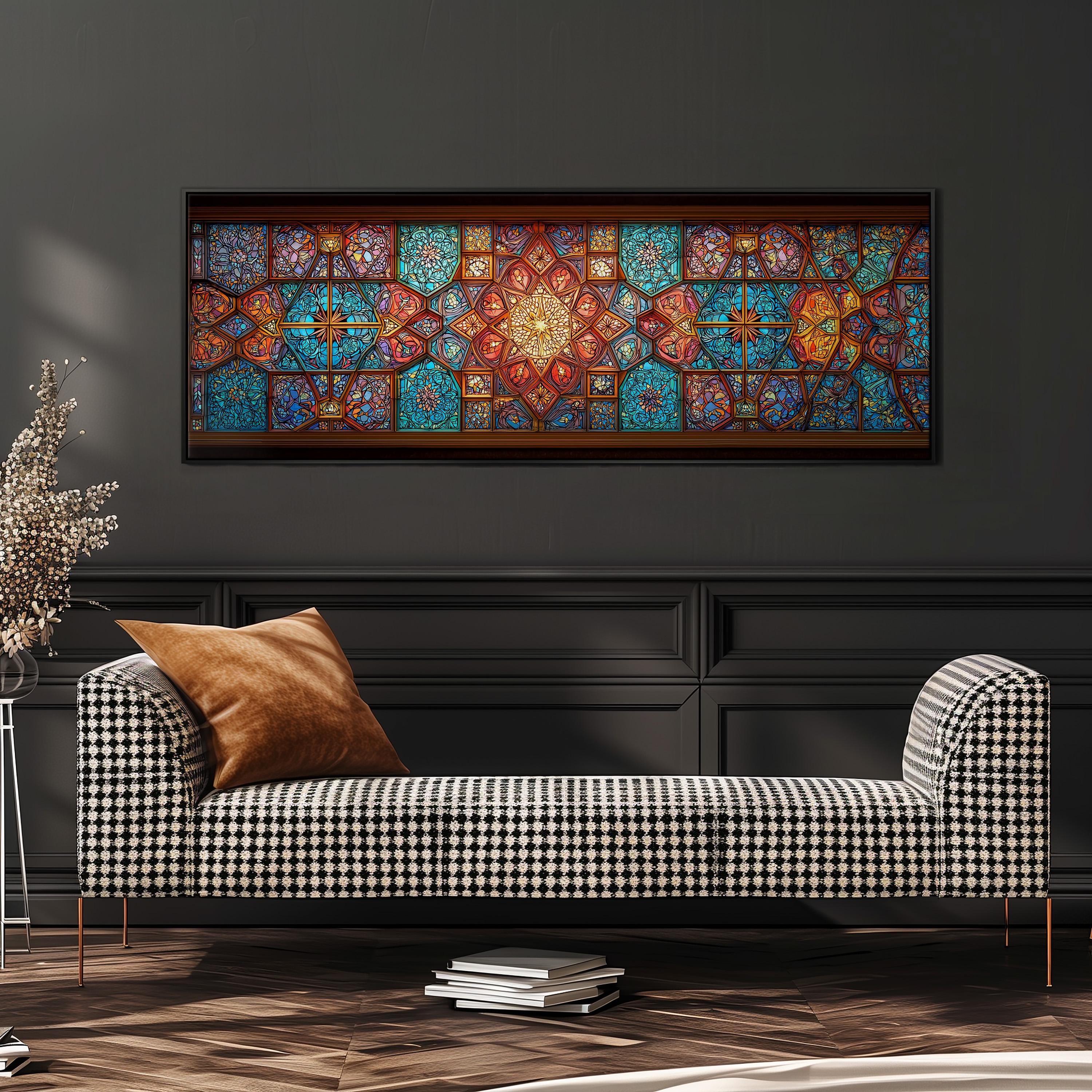 a large, colorful stained glass window with intricate patterns and designs, hanging on a wall above a black and white checkered sofa.