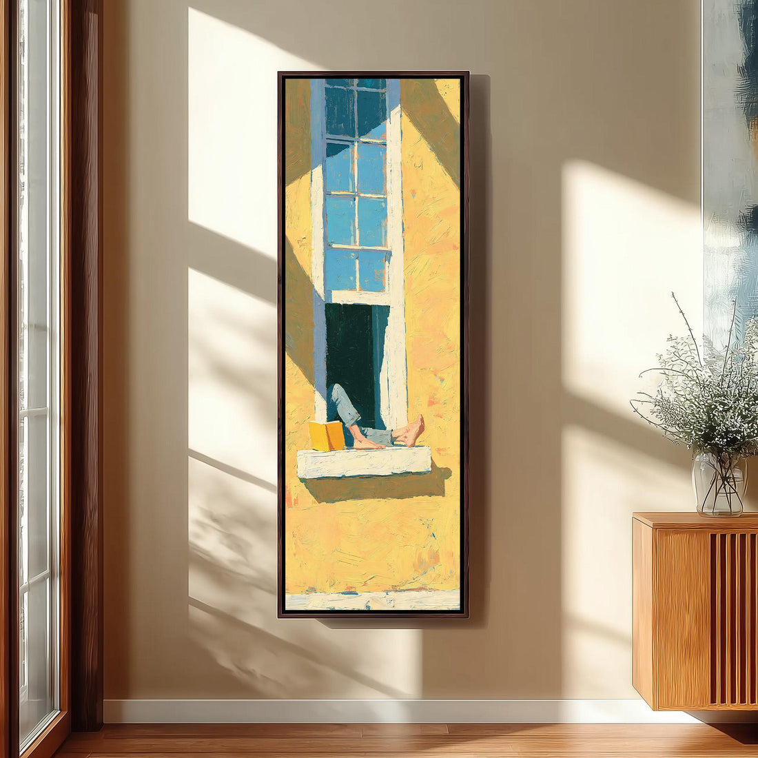 Reader relaxing in a sunlit window long vertical canvas print in a sunlit living space