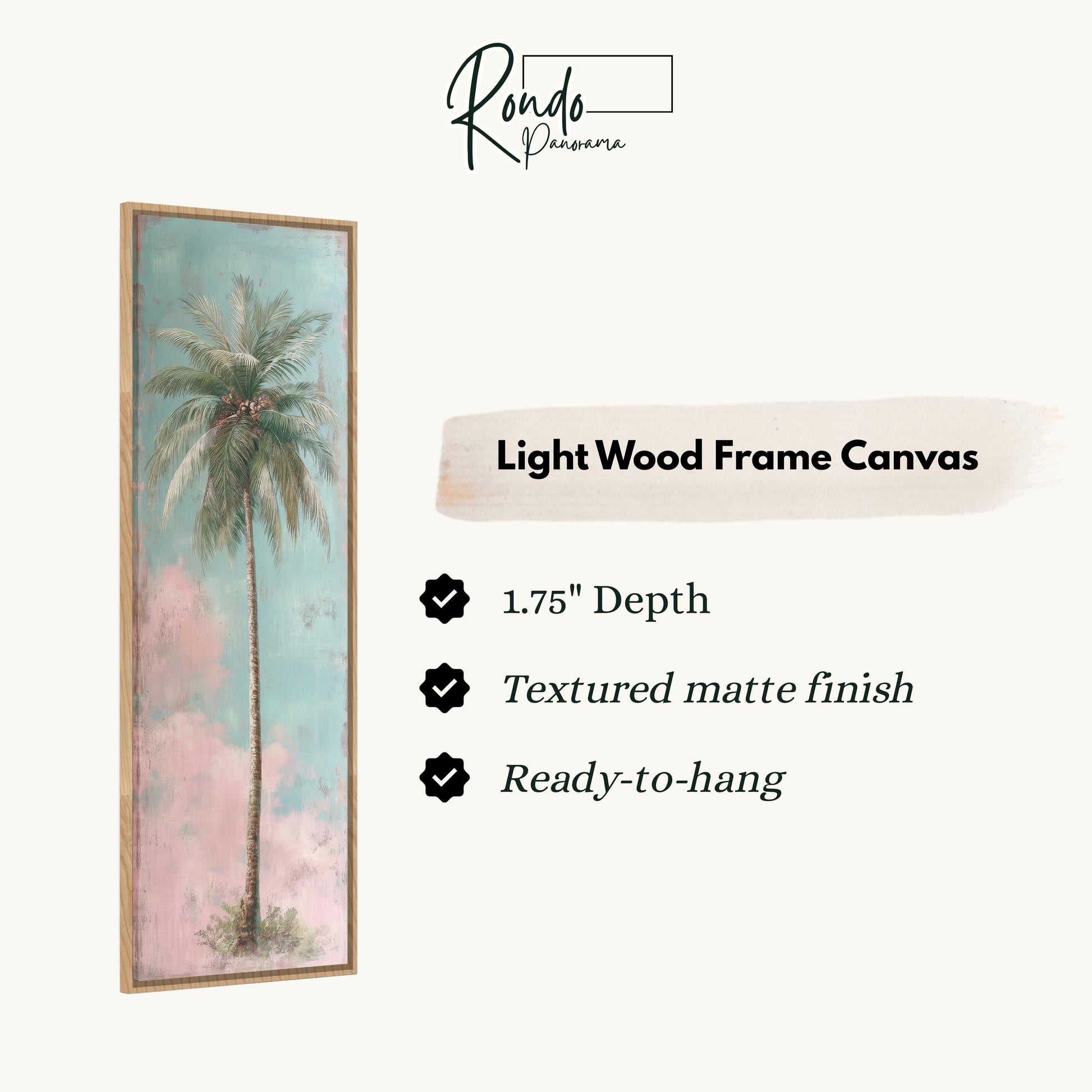 The image is a light wood frame canvas depicting a palm tree.