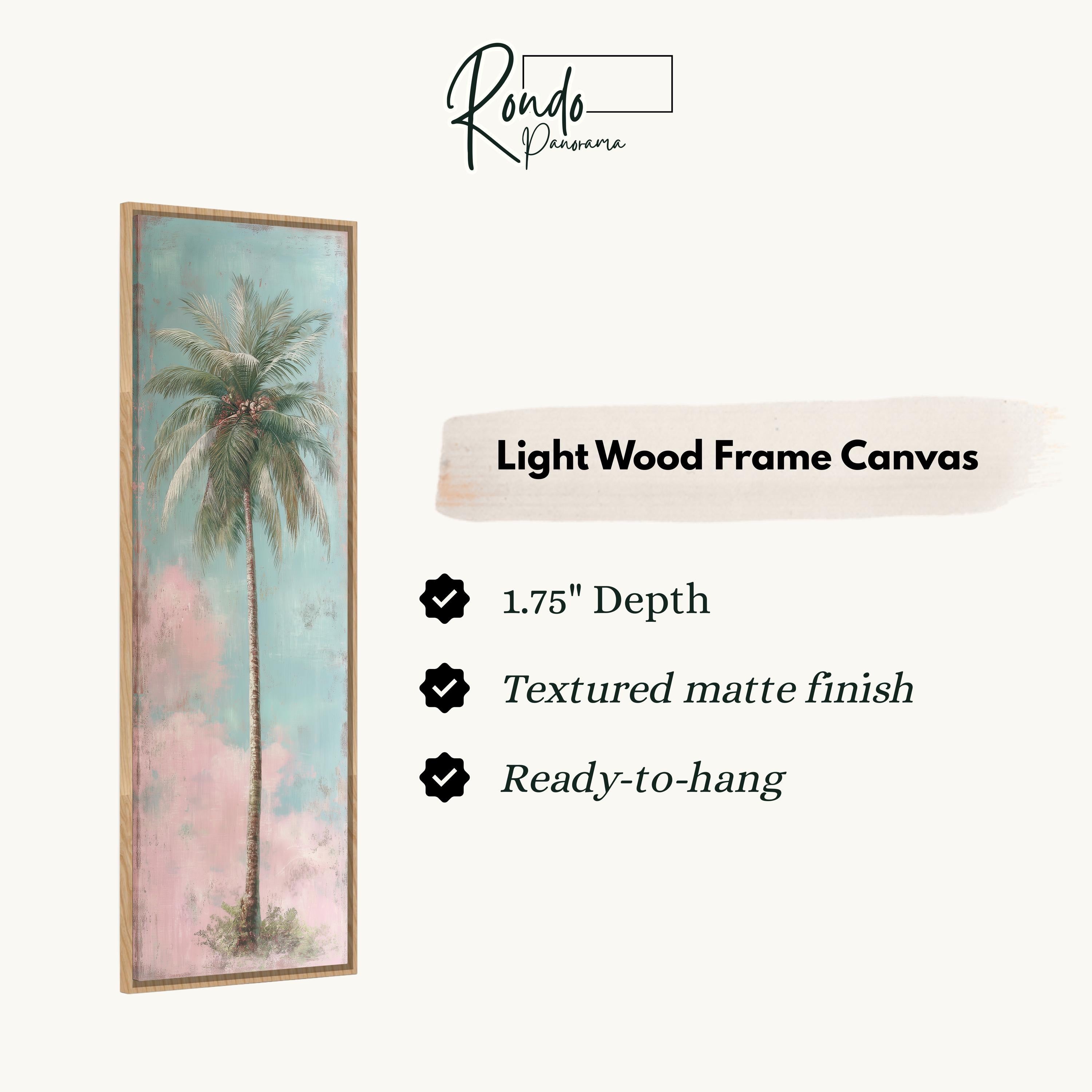 The image is a light wood frame canvas depicting a palm tree.