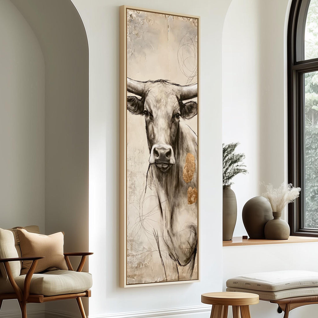 Sketched cow portrait in neutral tones long vertical canvas print in a sunlit living space