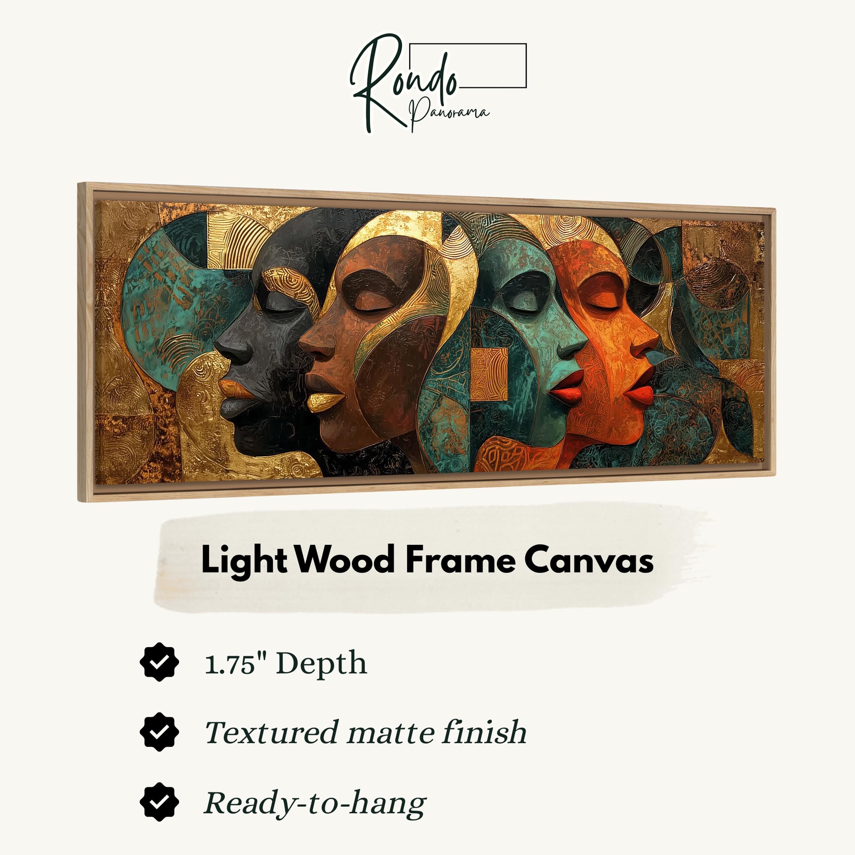 The image is a light wood frame canvas featuring a painting of four abstract human faces in various colors and expressions.