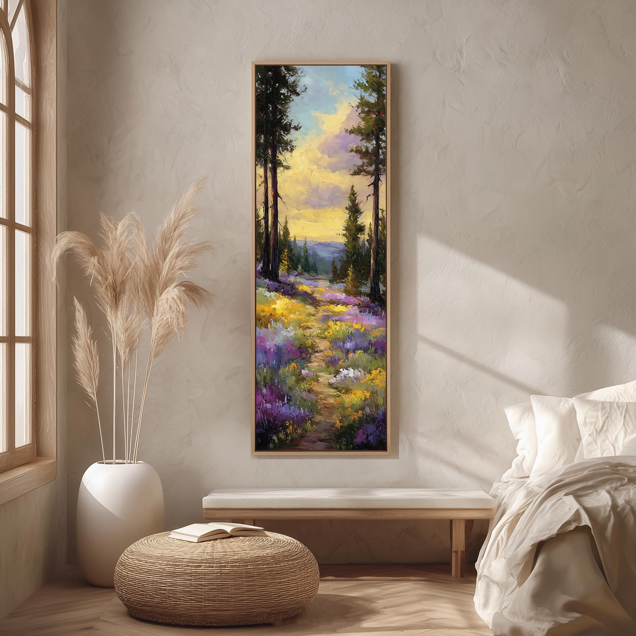 a serene bedroom scene with a large painting of a colorful garden hanging on the wall. The painting depicts a winding path surrounded by a variety of flowers and trees, creating a peaceful and picturesque landscape. The room is decorated with a large window, a white bed, and a wicker ottoman, contributing to the overall calm and inviting atmosphere.