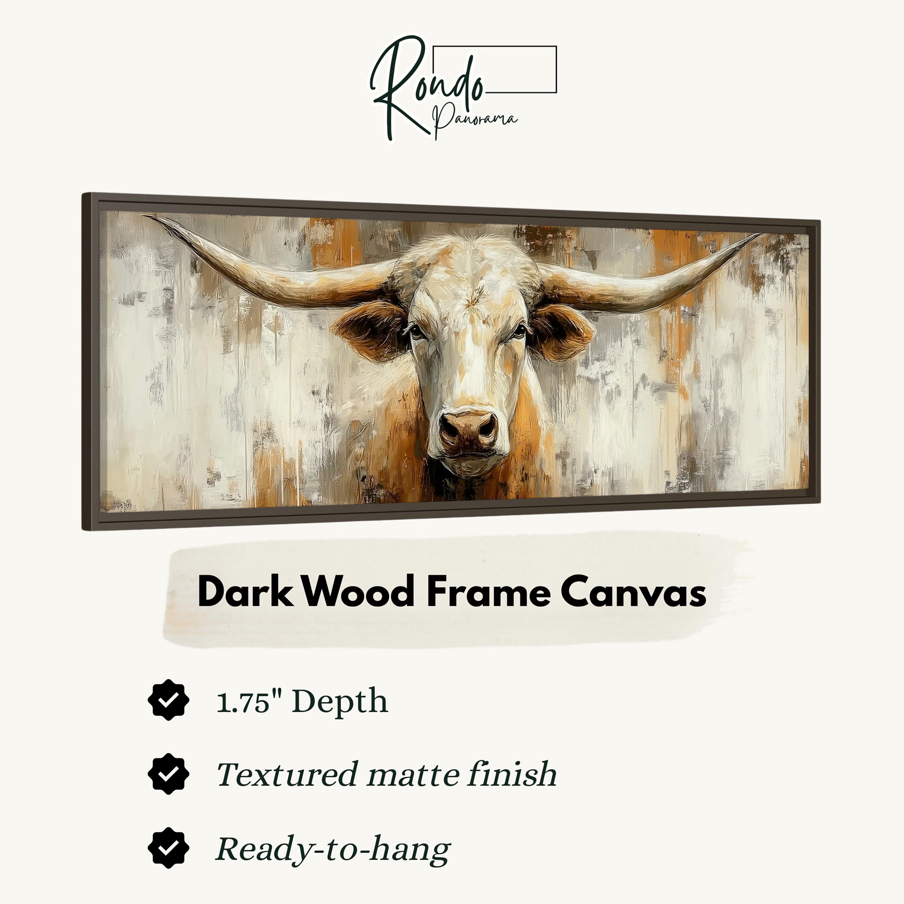 a close-up of a bull's head in a dark wood frame, with a text box providing information about the frame.