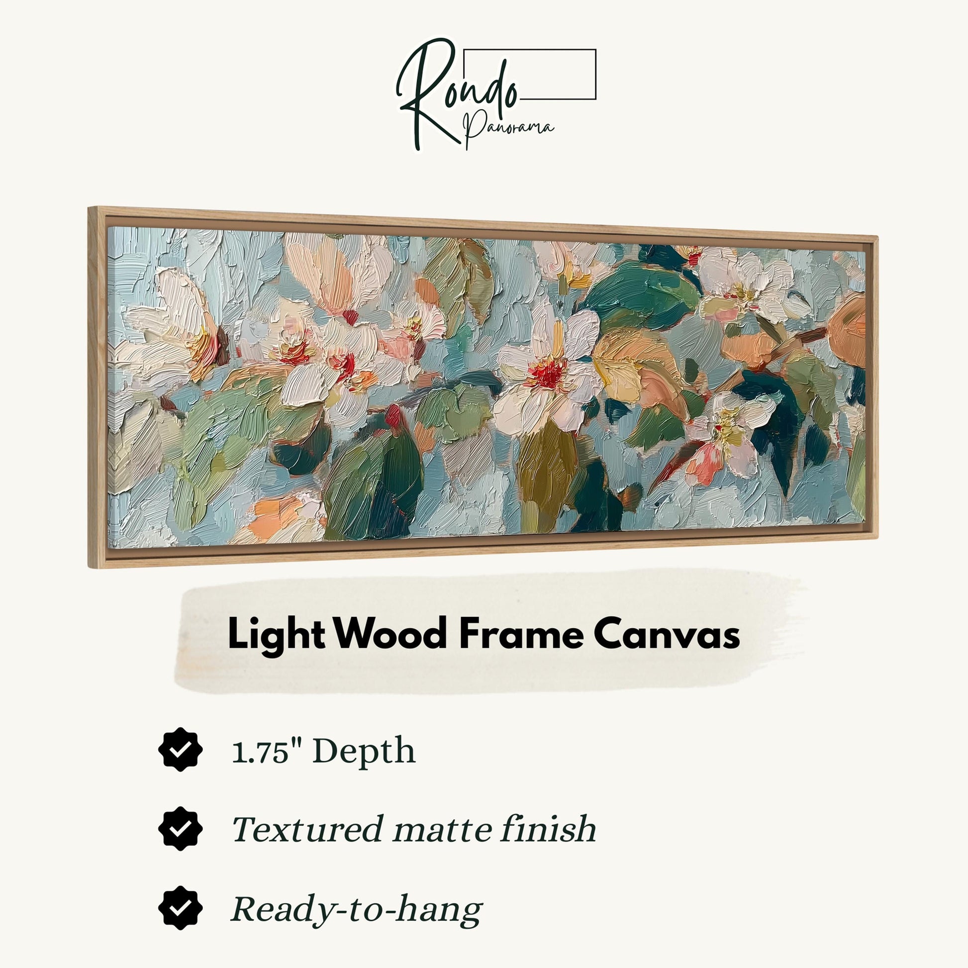 The image is a framed artwork depicting a floral painting with a light wood frame.