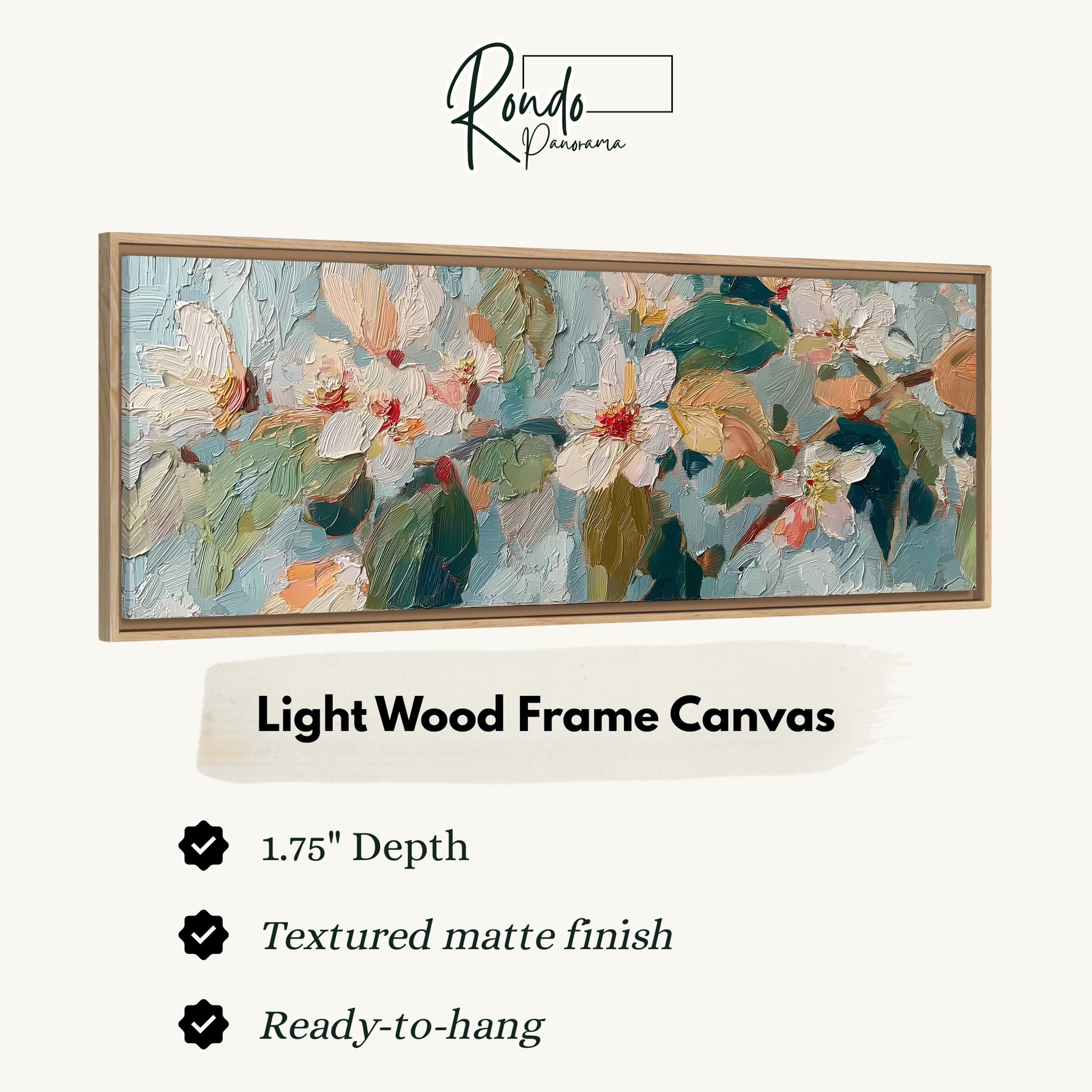 The image is a framed artwork depicting a floral painting with a light wood frame.