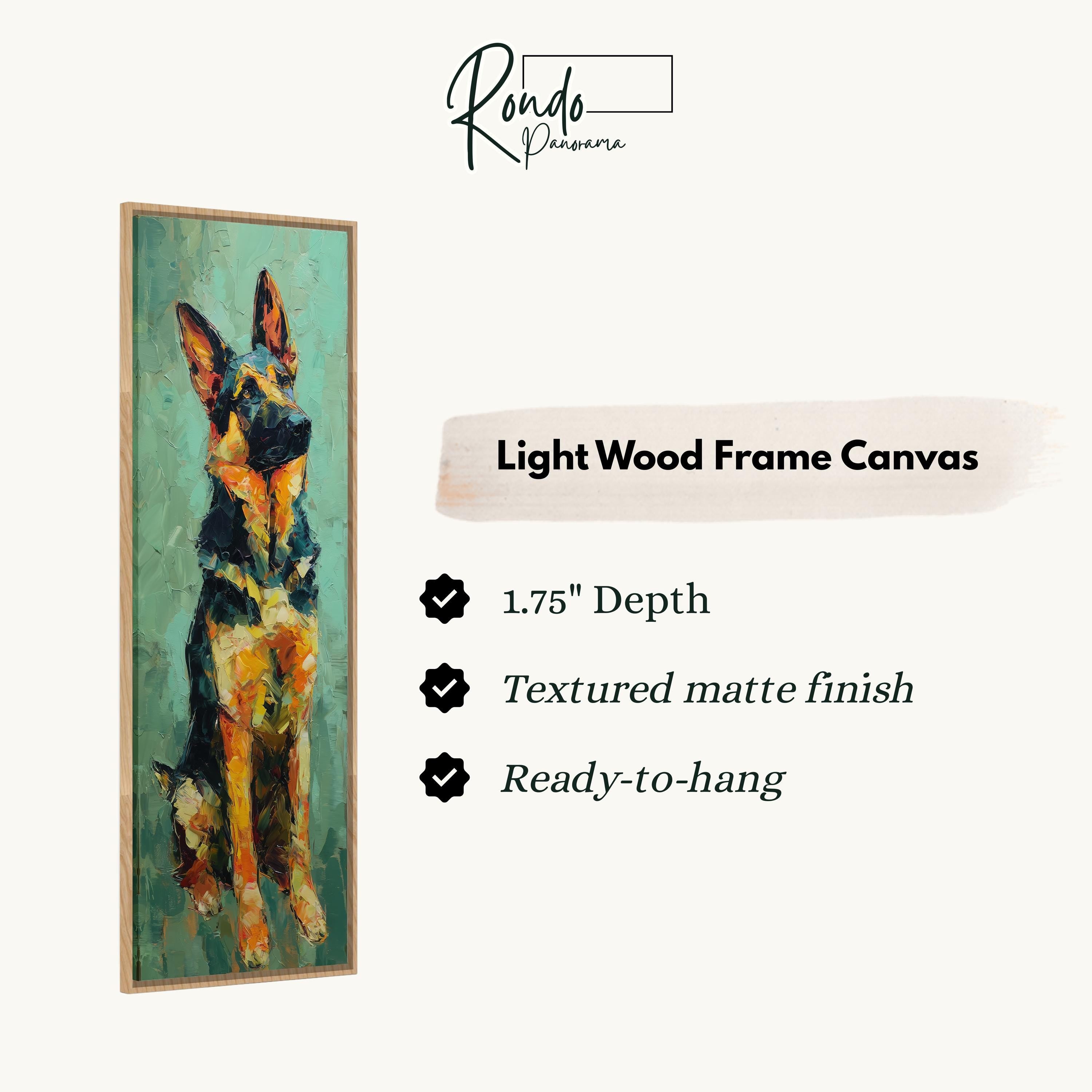 The image is a light wood frame canvas featuring a painting of a German Shepherd dog.