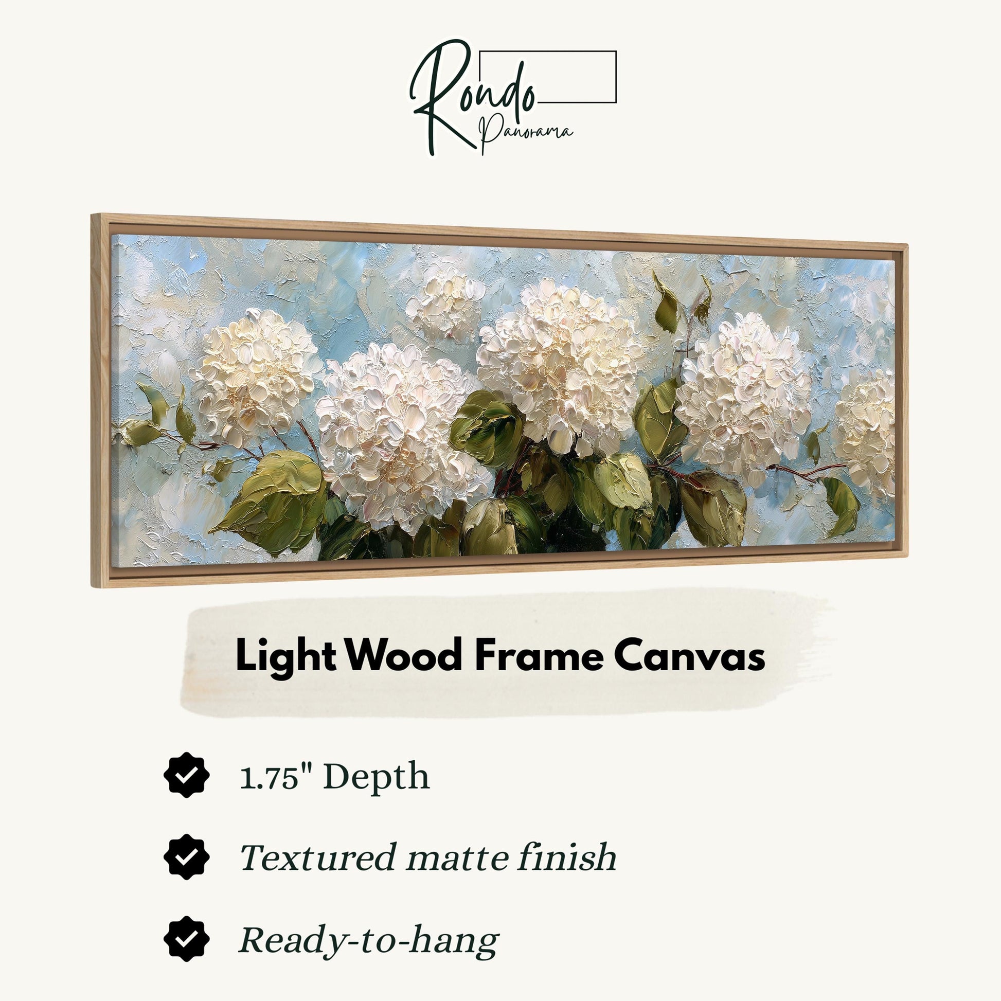 The image is a framed artwork depicting a painting of white hydrangea flowers with green leaves.
