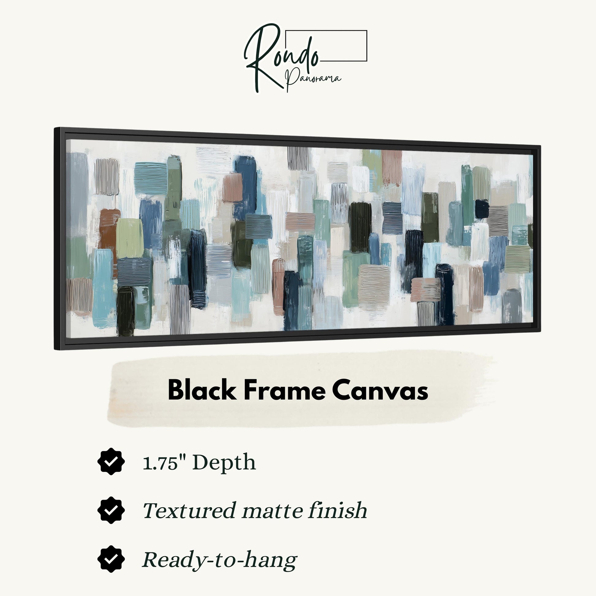 The image is a black frame canvas with a textured matte finish, measuring 1.75" in depth. It is ready to hang and has a textured matte finish.