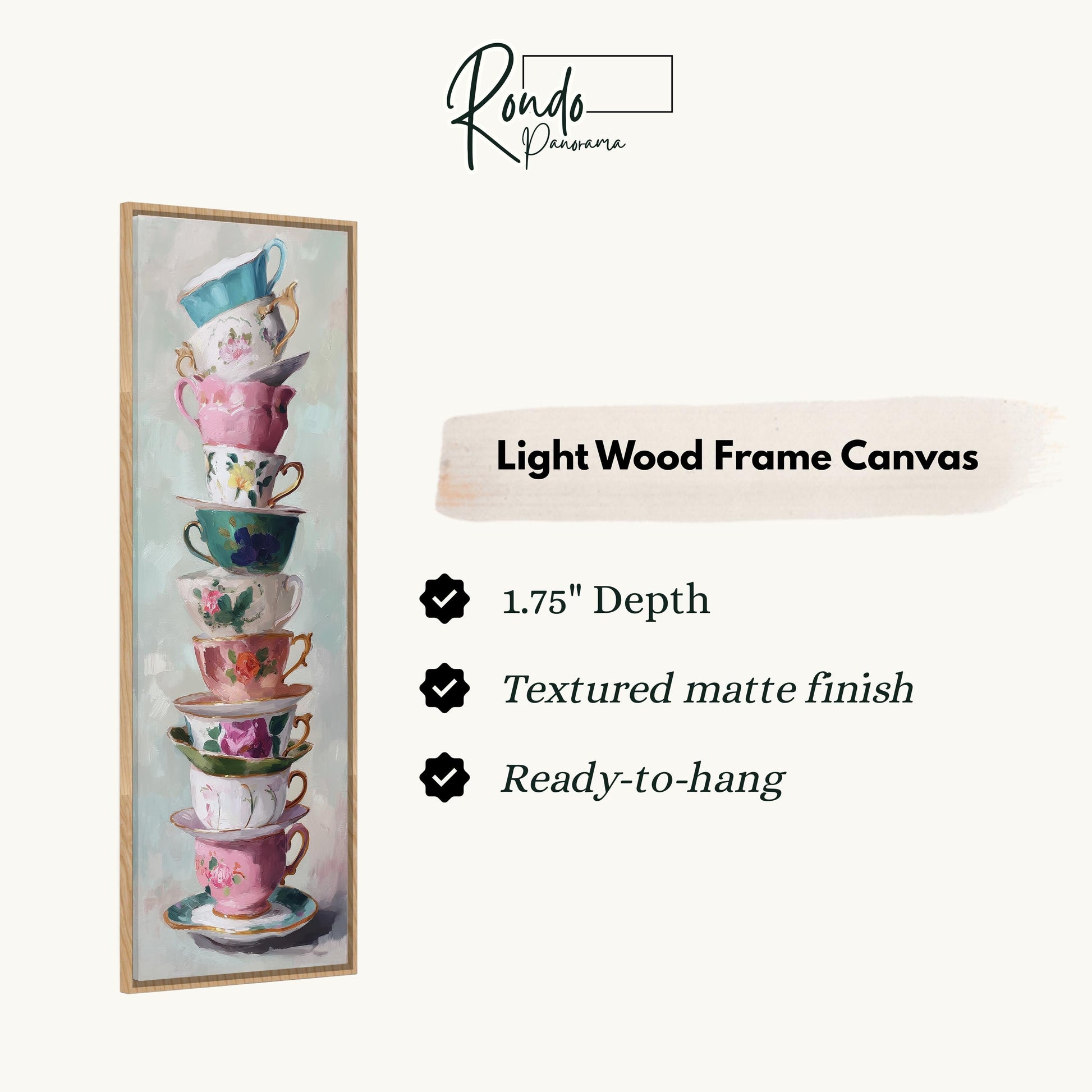 a tall stack of colorful teacups, with a light wood frame canvas hanging next to it.