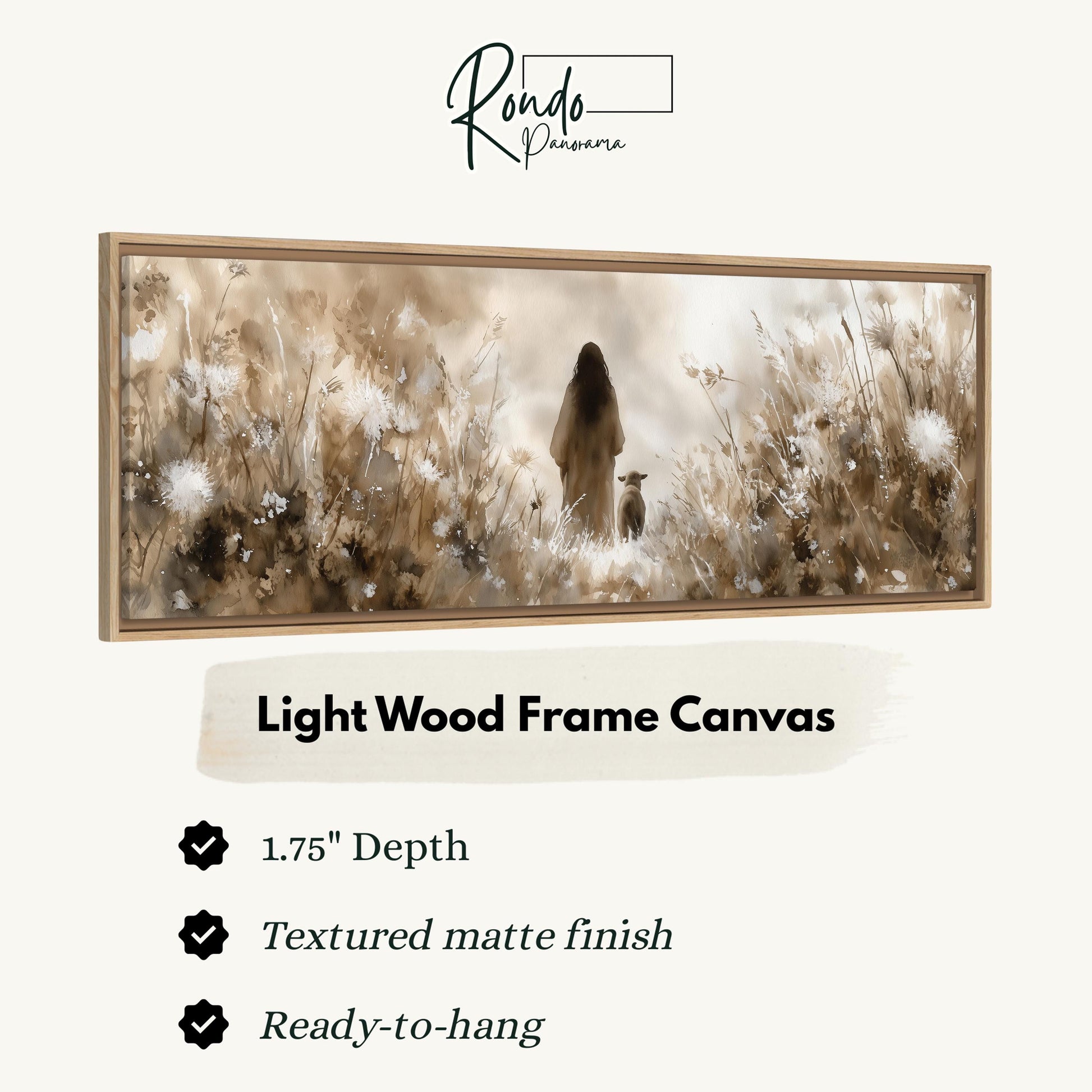 The image is a light wood frame canvas depicting a woman and a dog in a field of flowers.