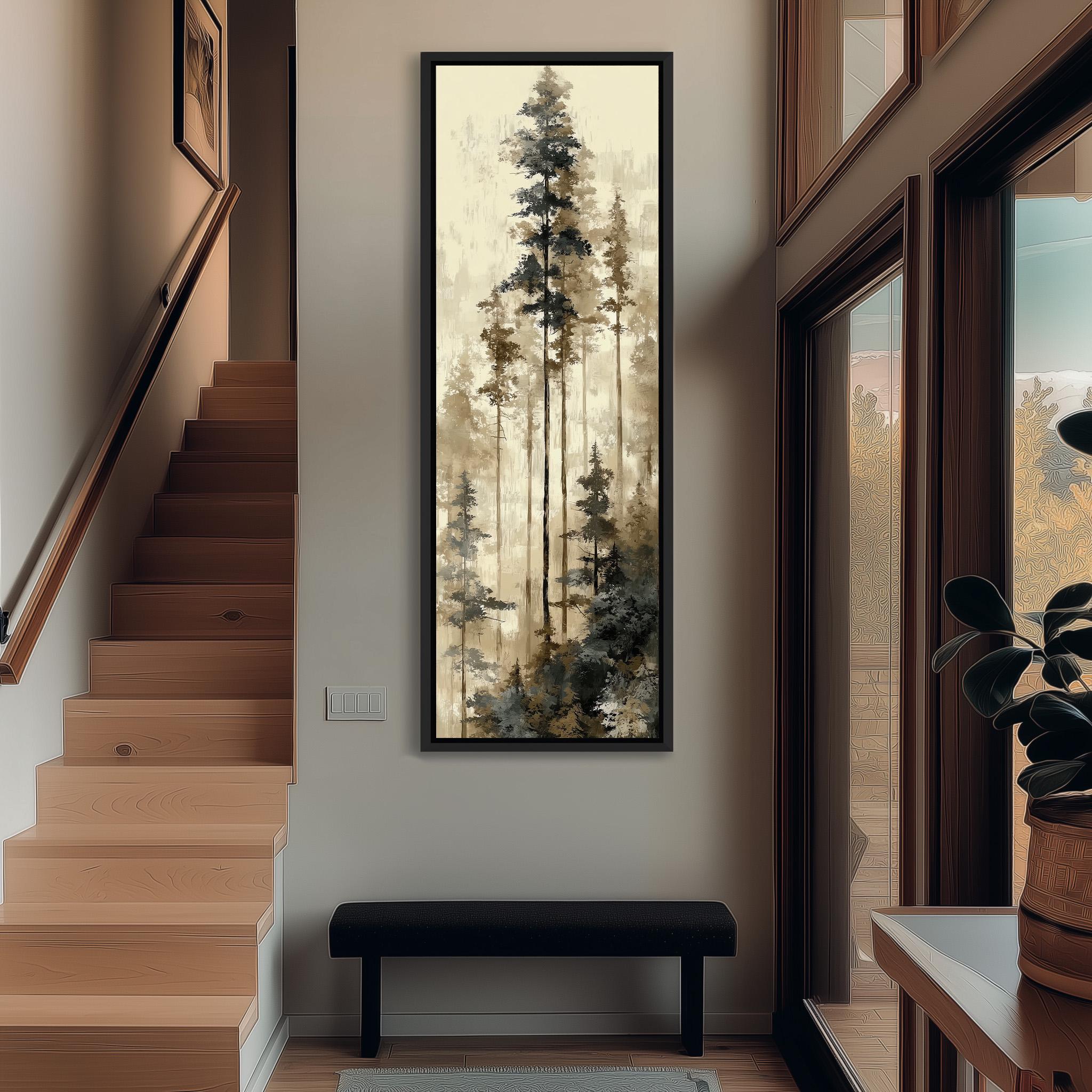 a hallway with a large painting of a forest scene hanging on the wall. The painting is framed and appears to be a watercolor. The hallway has a wooden staircase and a bench, creating a cozy and inviting atmosphere.