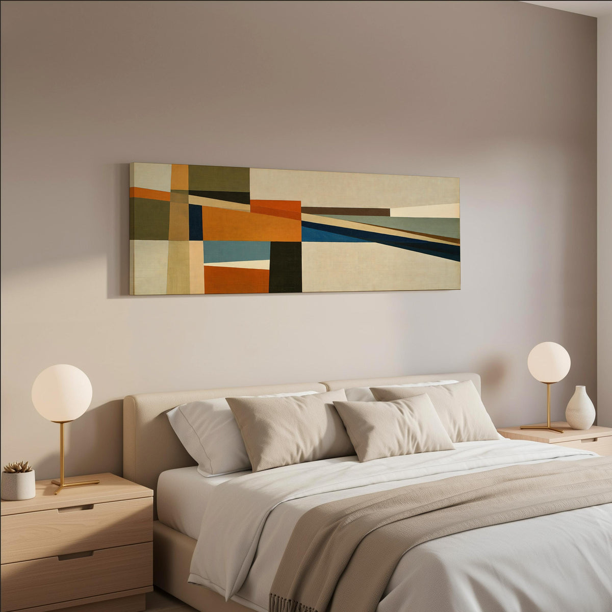 Olive and rust geometric blocks wide panoramic canvas print above a bed in a neutral bedroom
