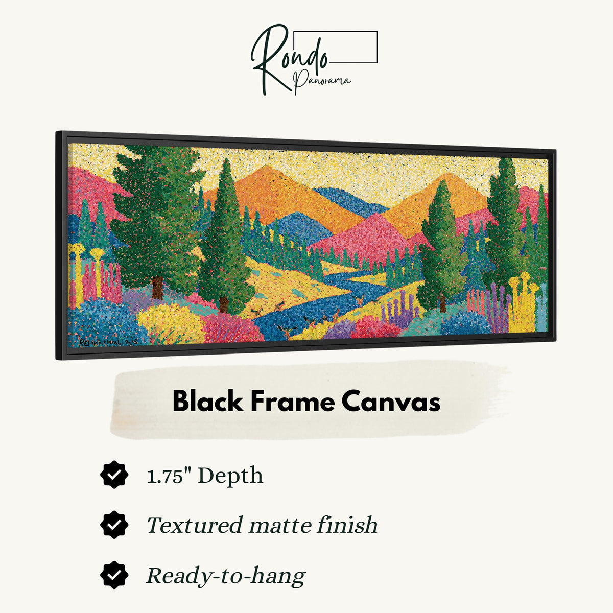 Colorful pine mountain valley canvas print in a black floating frame