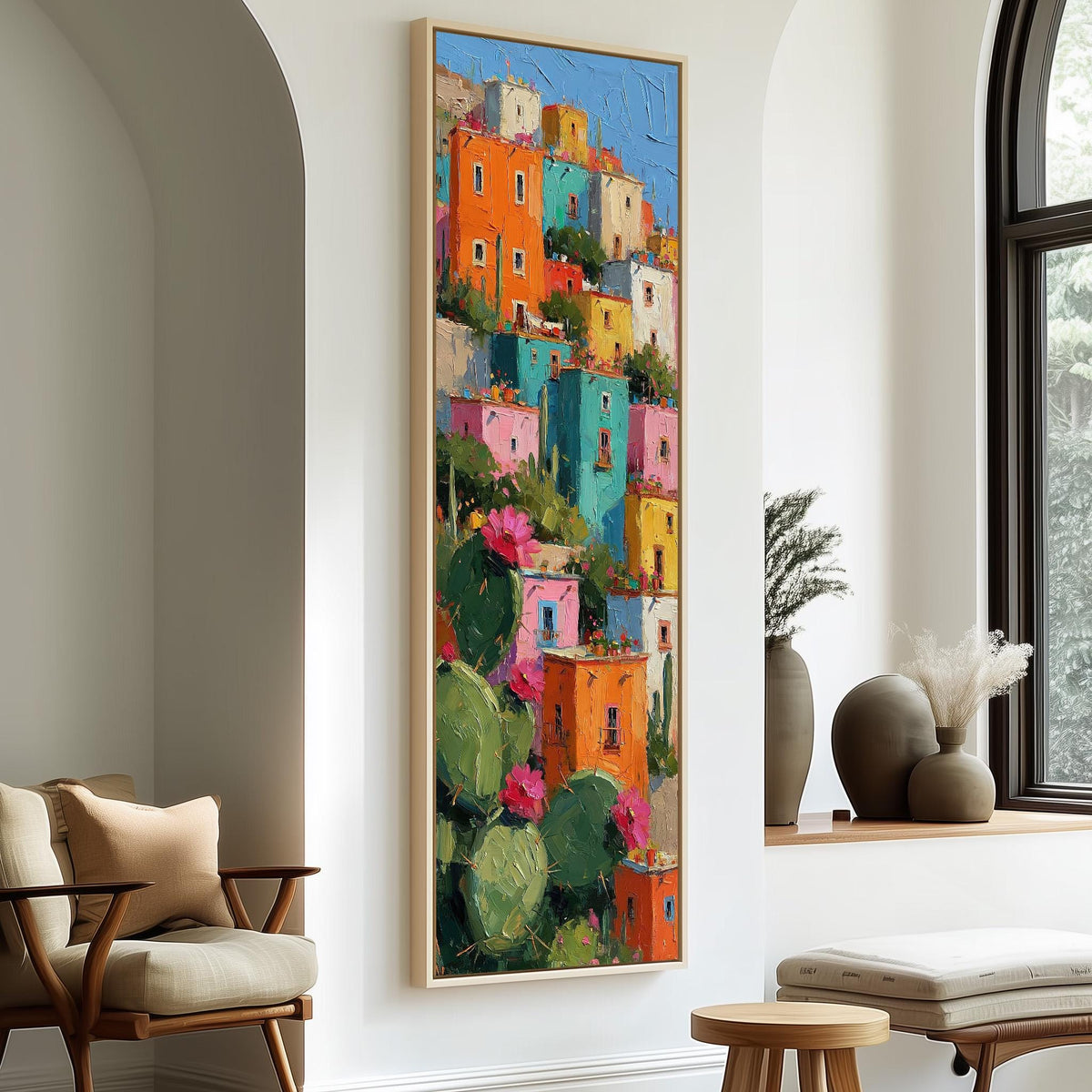 Colorful hillside houses with cacti tall skinny canvas print in a sunlit living space