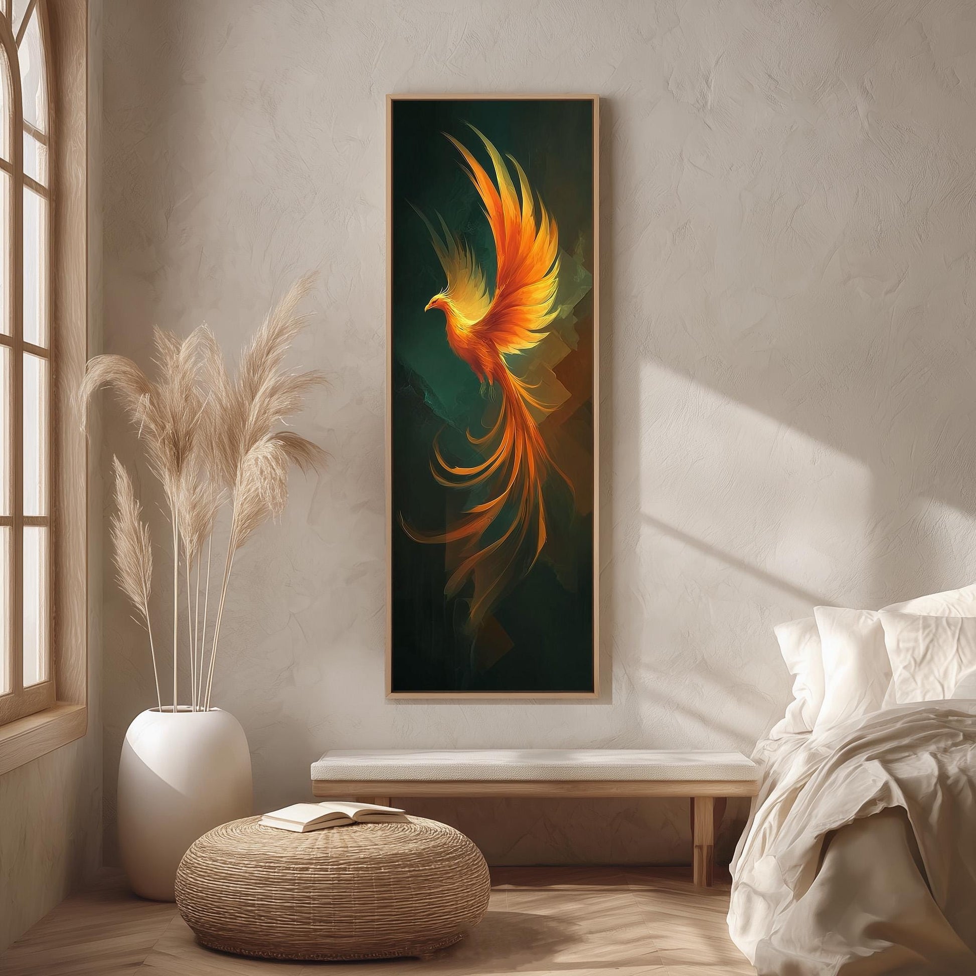 a large, vibrant painting of a phoenix, a mythical bird, hanging on a wall in a room with a wooden floor and a white bed.