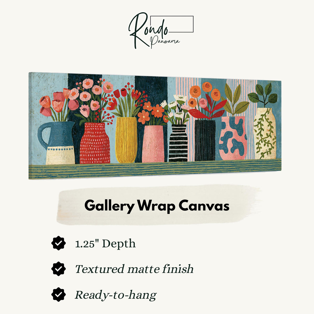 Row of folk art flower vases gallery wrap canvas with the image wrapped around the edges