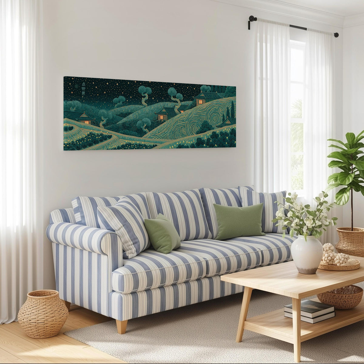 Village on swirling hills at night long horizontal canvas print above a striped sofa in a coastal living room