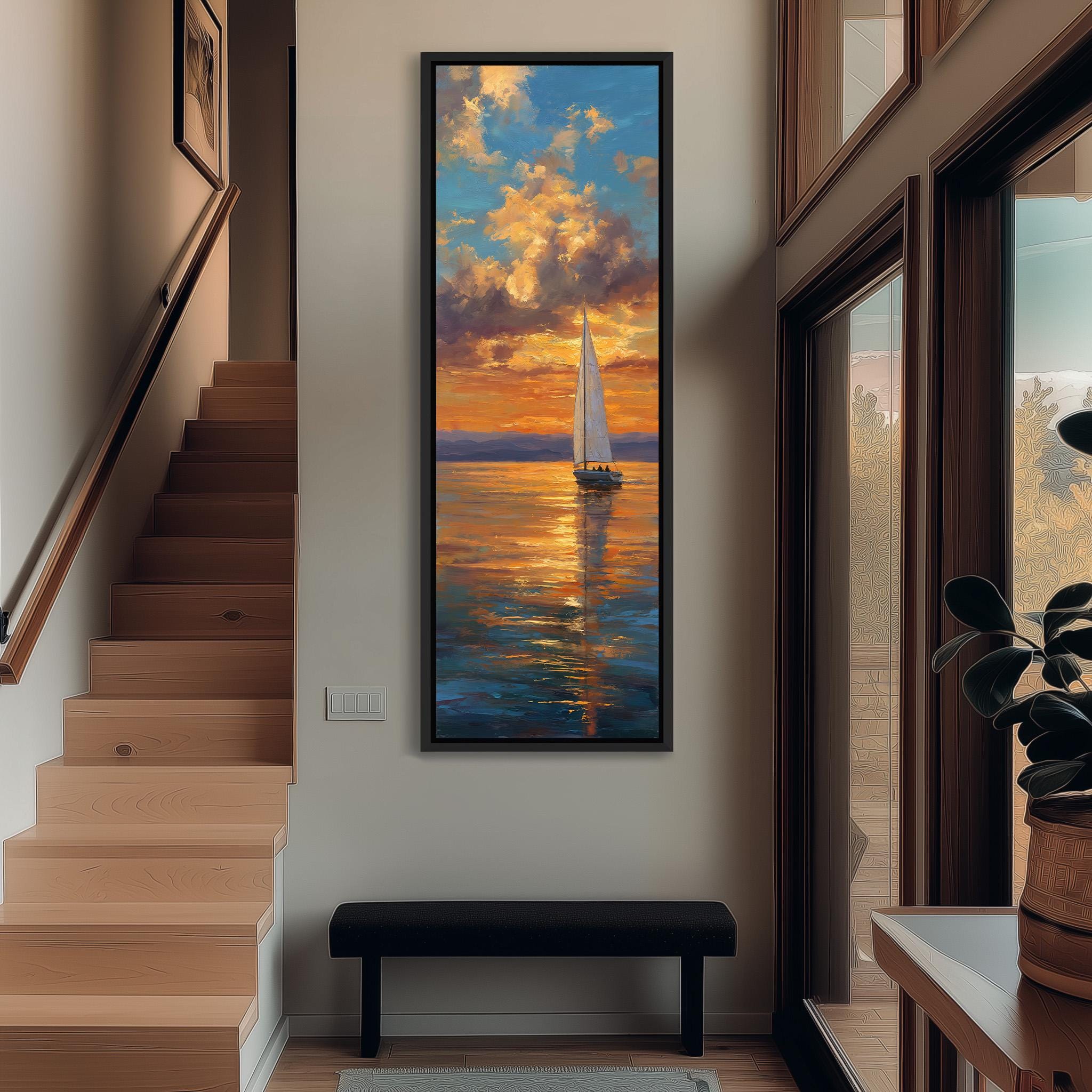 a large painting of a sailboat on the water, hanging on the wall of a room with a staircase and a bench below it.
