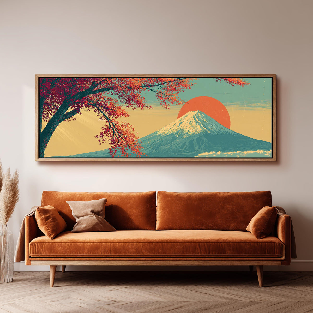 Autumn maple branch and Mount Fuji at sunset panoramic canvas print above a sofa in a living room