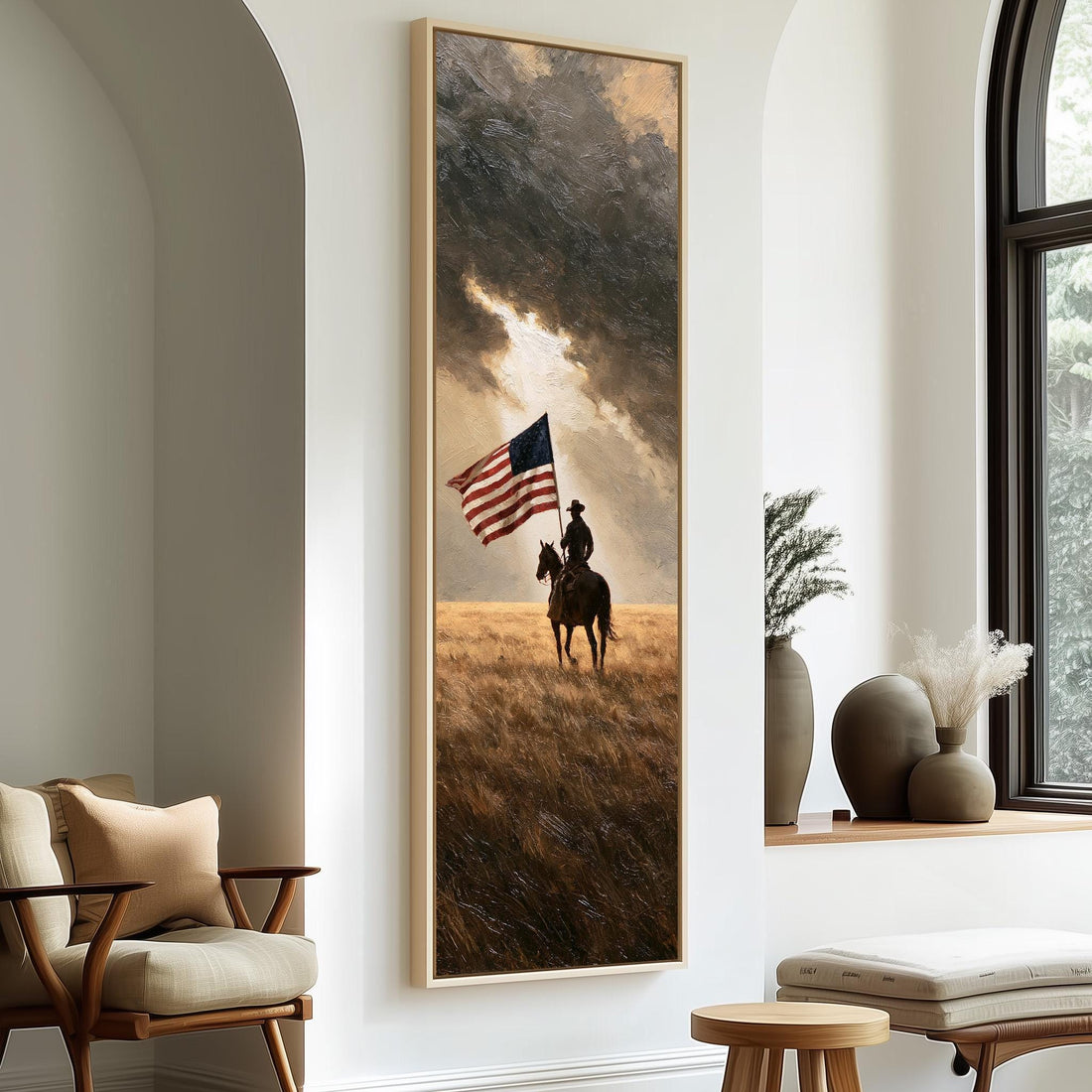 Cowboy carrying an American flag across the plains long vertical canvas print in a sunlit living space