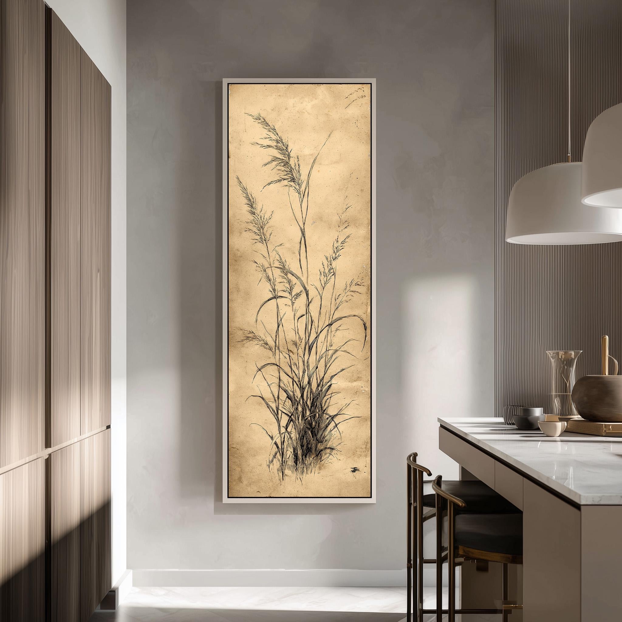 a large framed artwork of tall grasses hanging on a wall in a modern kitchen.