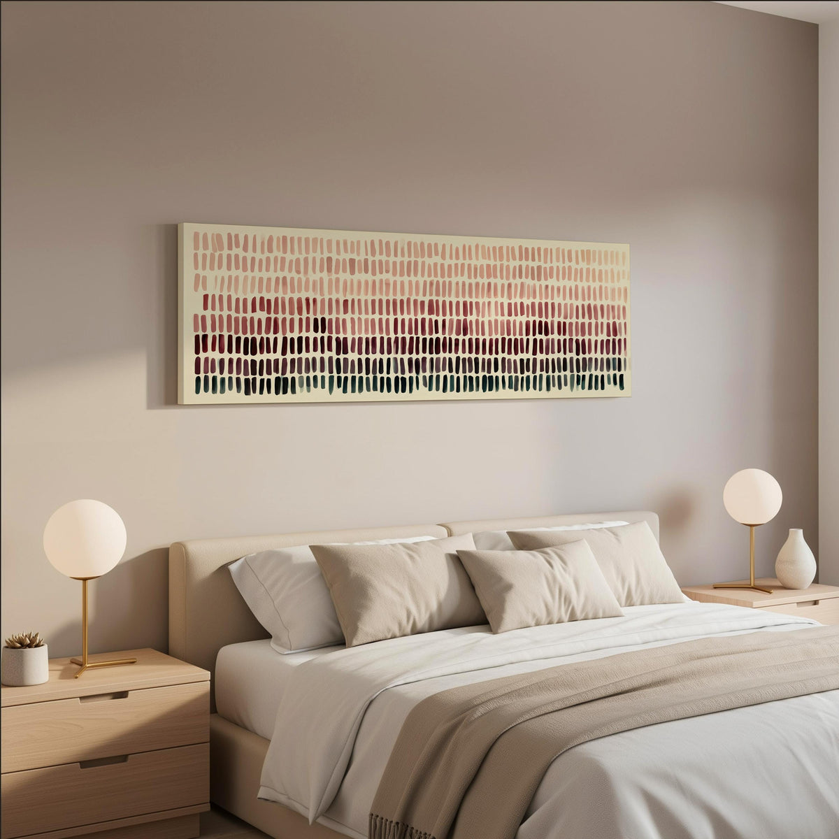 Brushmarks fading from blush to deep maroon wide panoramic canvas print above a bed in a neutral bedroom