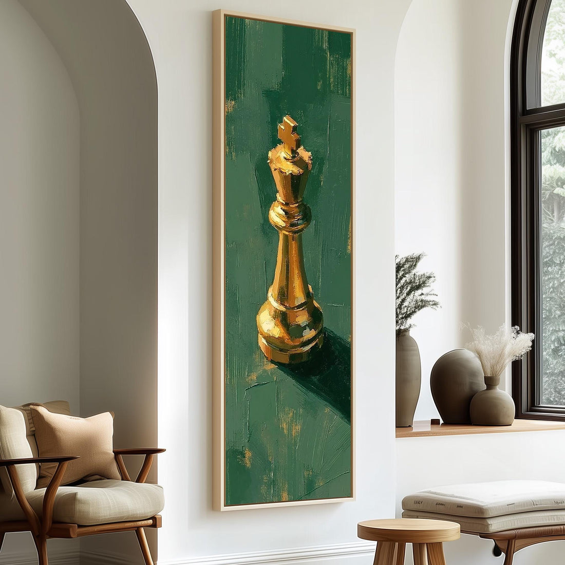 Golden chess king on green long vertical canvas print in a sunlit living space