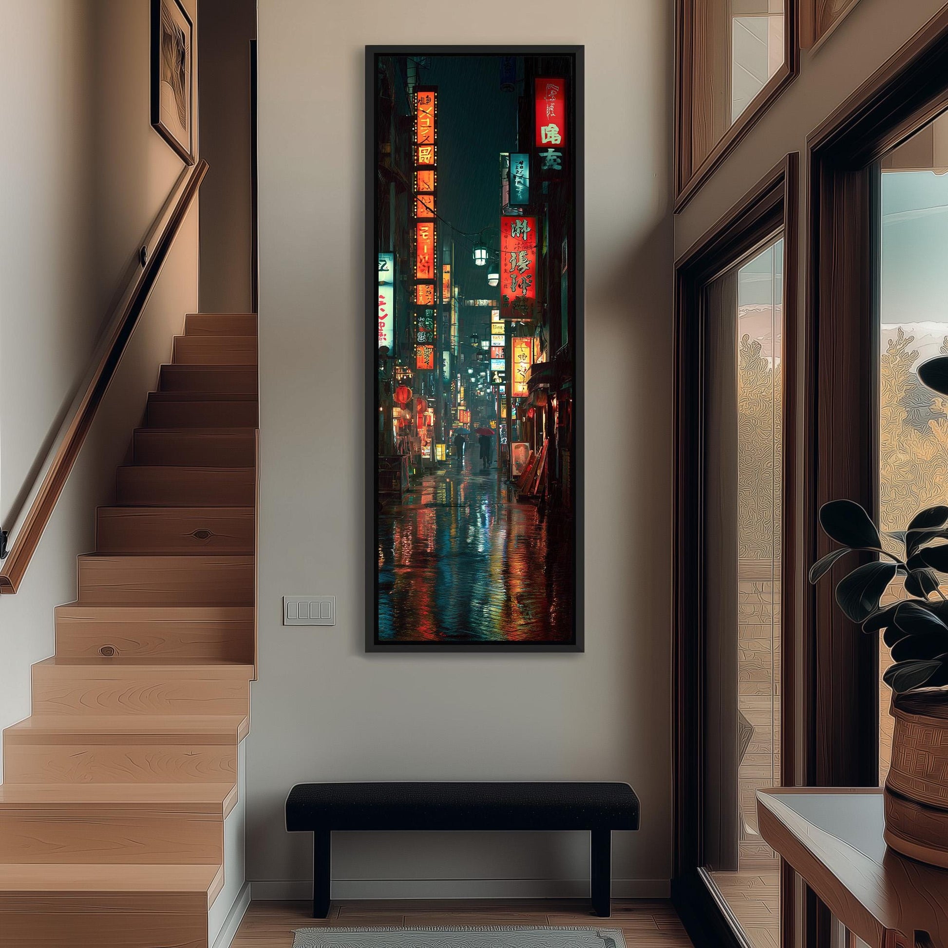 a modern interior with a large, colorful painting of a city street at night hanging on the wall. The painting features vibrant neon signs and lights, creating a lively and energetic atmosphere. The room is well-lit, with natural light coming in through the windows, and a wooden staircase leading up to the painting. A black bench is placed in front of the painting, providing a comfortable seating area.