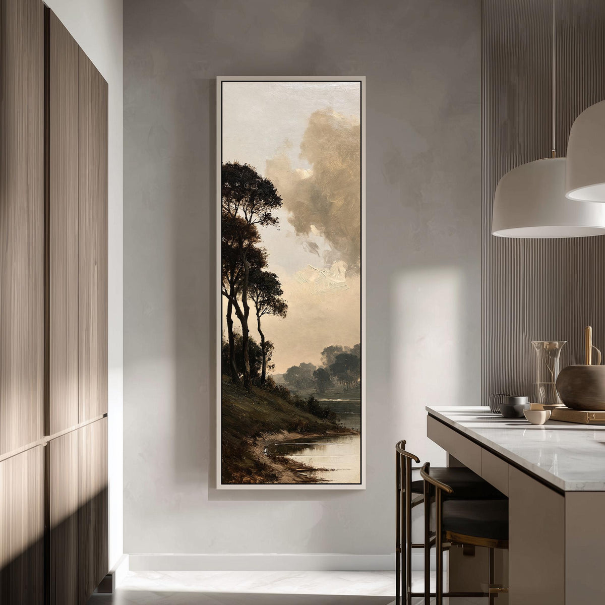 Dark trees by a misty lake in golden brown tones tall skinny canvas print in a modern kitchen