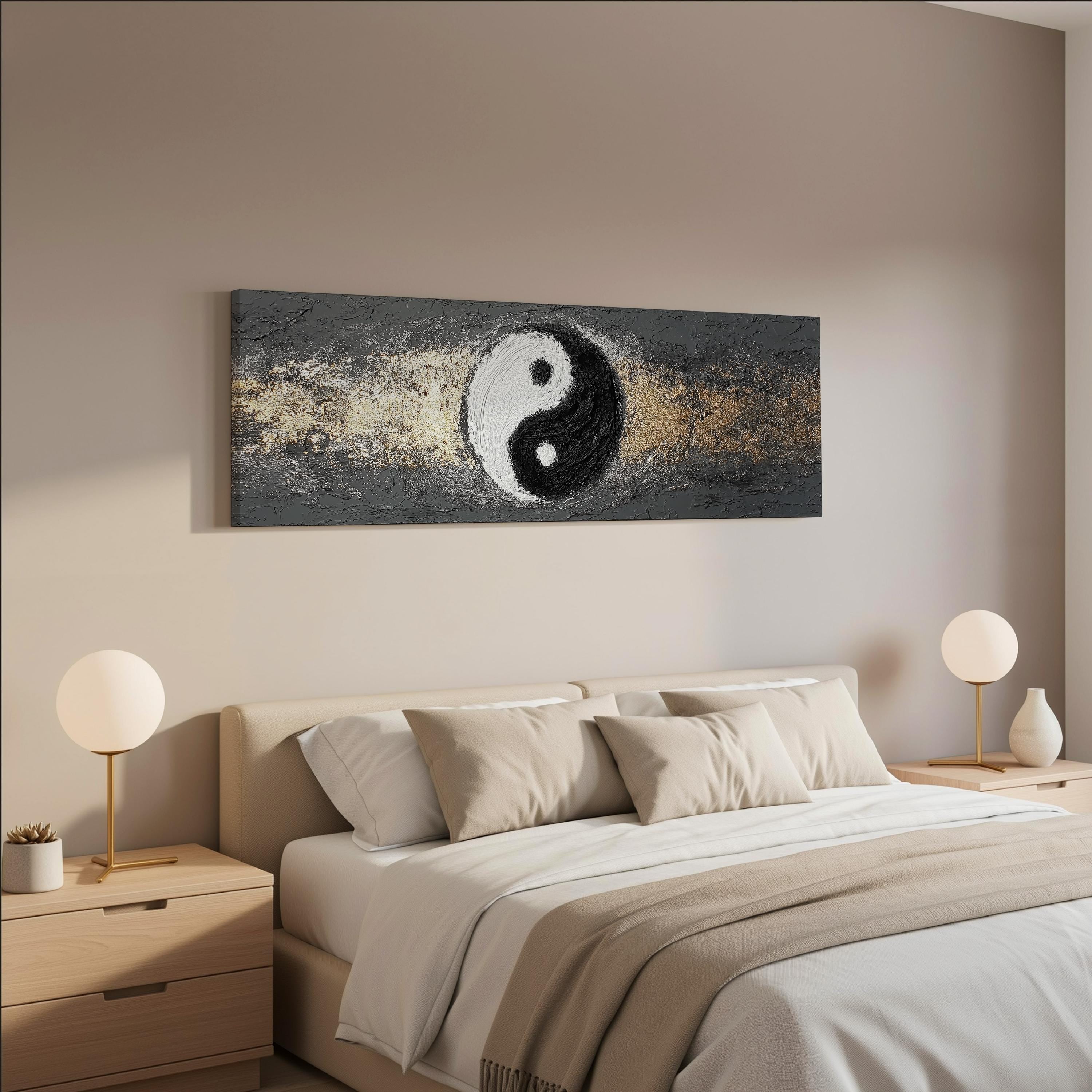 a serene and modern bedroom with a large bed, two nightstands with lamps, and a large painting of a yin and yang symbol on the wall above the bed.